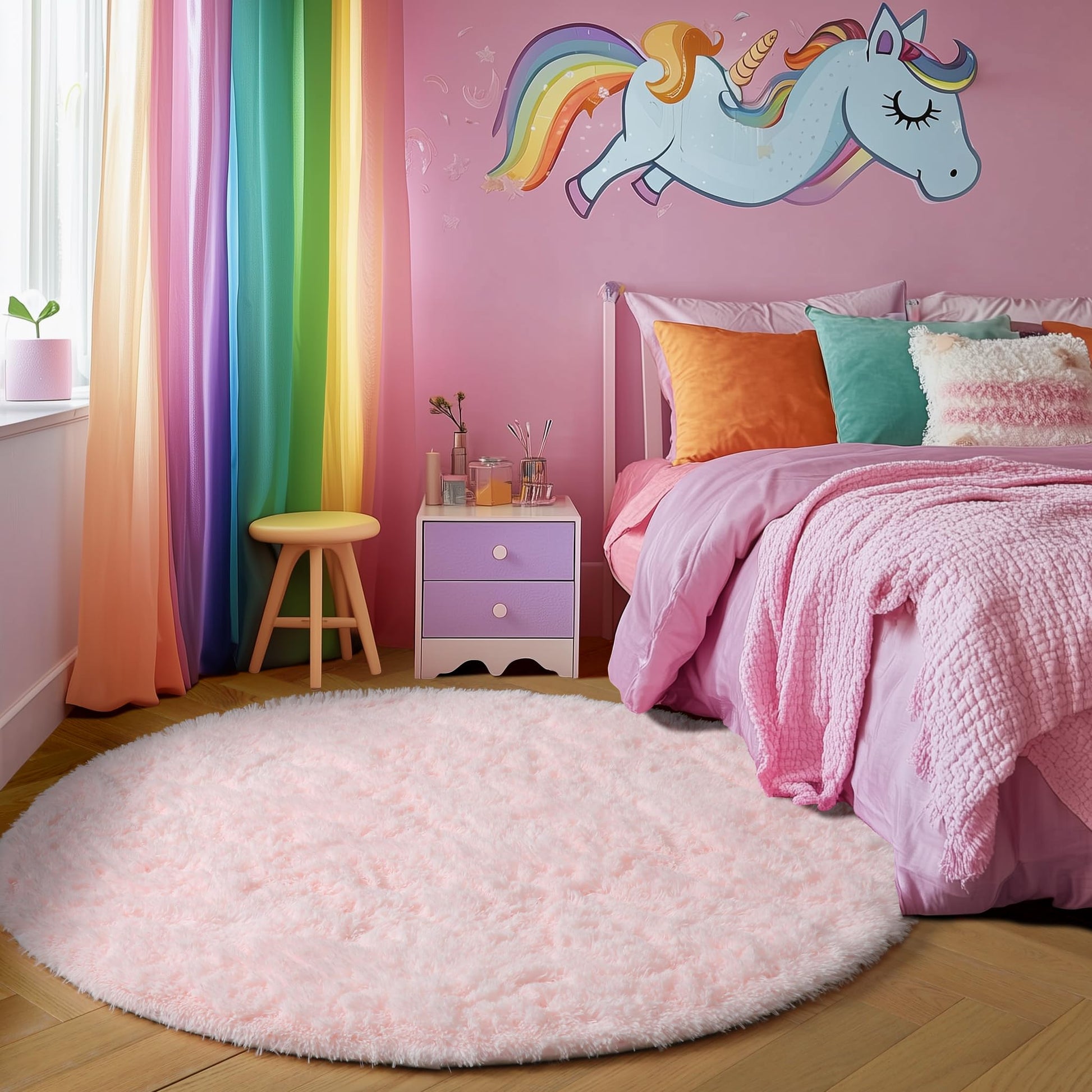 Amdrebio Light Pink Round Rug 4Ft for Girls Bedroom, Fluffy Circle Area Rugs for Kids Room Decor Aesthetic, Cute Shag Fuzzy Carpet for Nursery, Preppy Dorm, Classroom, Playroom, Teen, Baby, Washable
