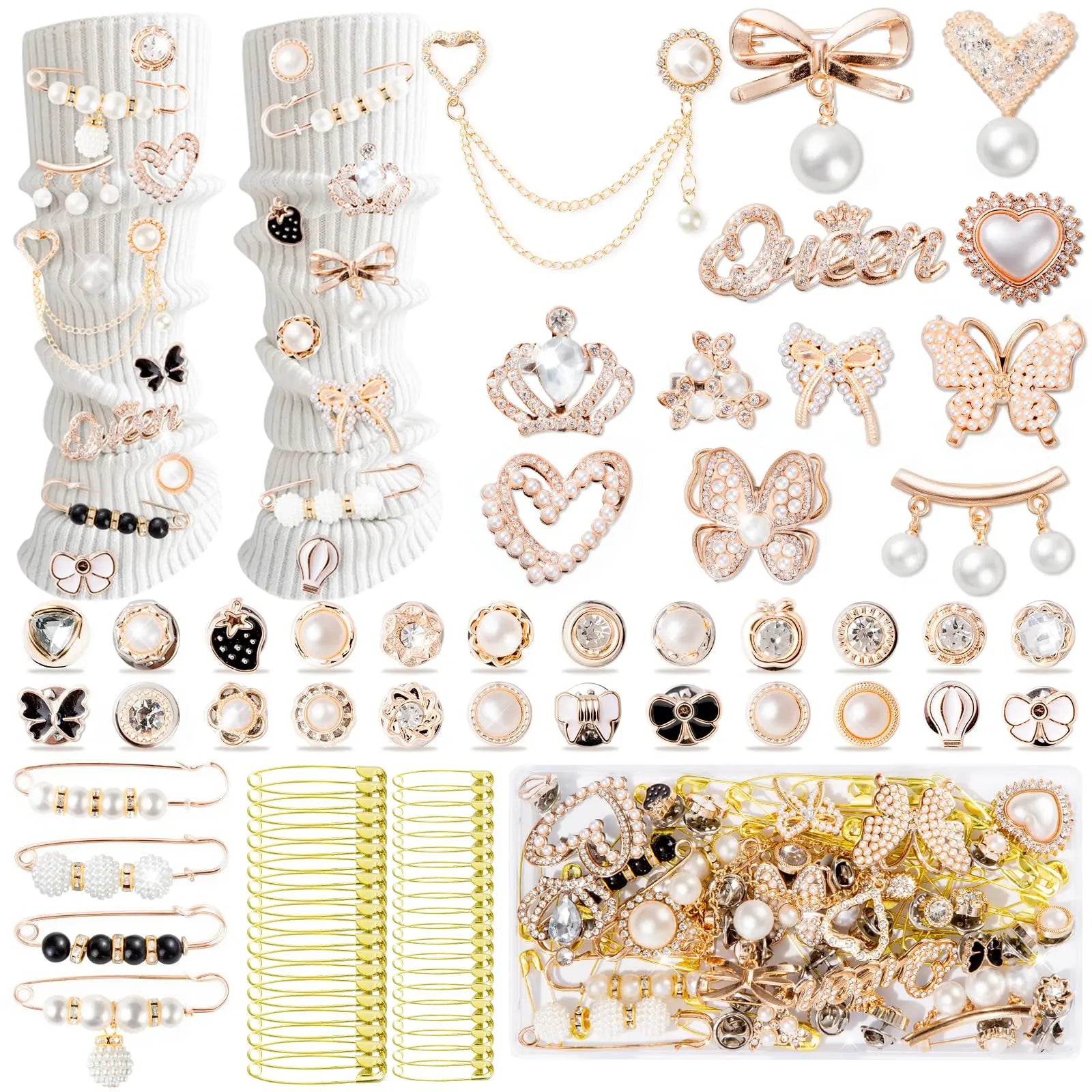 RQAYE 80pcs Junk Socks Charms Kit, Brooches and Pins for Women,Gold Shoe Charms,Shoe Charms for Sneakers, Safety Pin,Sock Charms Kit Bulk for Hat Clothes，Sock Jewelry Charms