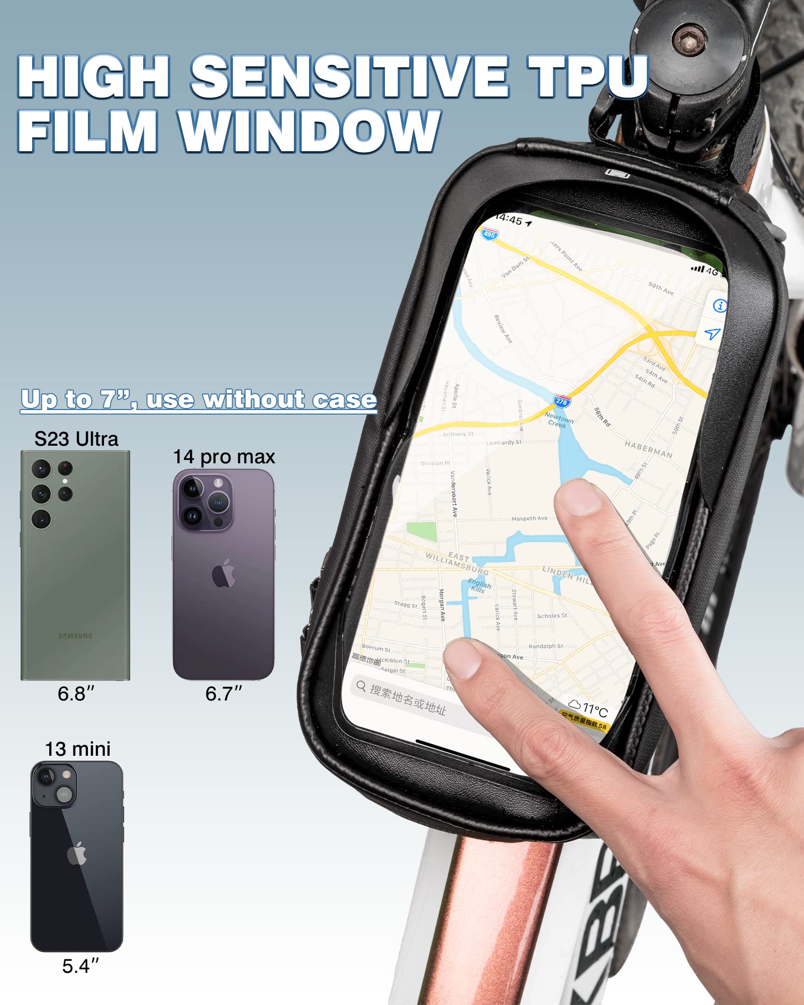 ROCKBROS Bike/Bicycle Phone Front Frame Bag, Waterproof, Tube Bag,Cycling Pouch, Bike Accessories for Men Compatible Phone Under 7”