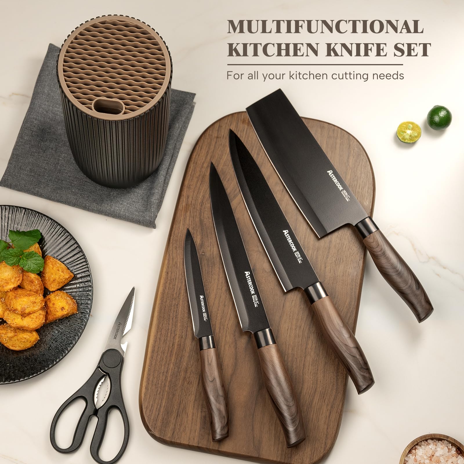 Astercook 6 Piece Black Kitchen Knife Set, Non-stick Stainless Steel Knife Block Set, Anti-Rust Dishwasher Safe Knife Set with Block