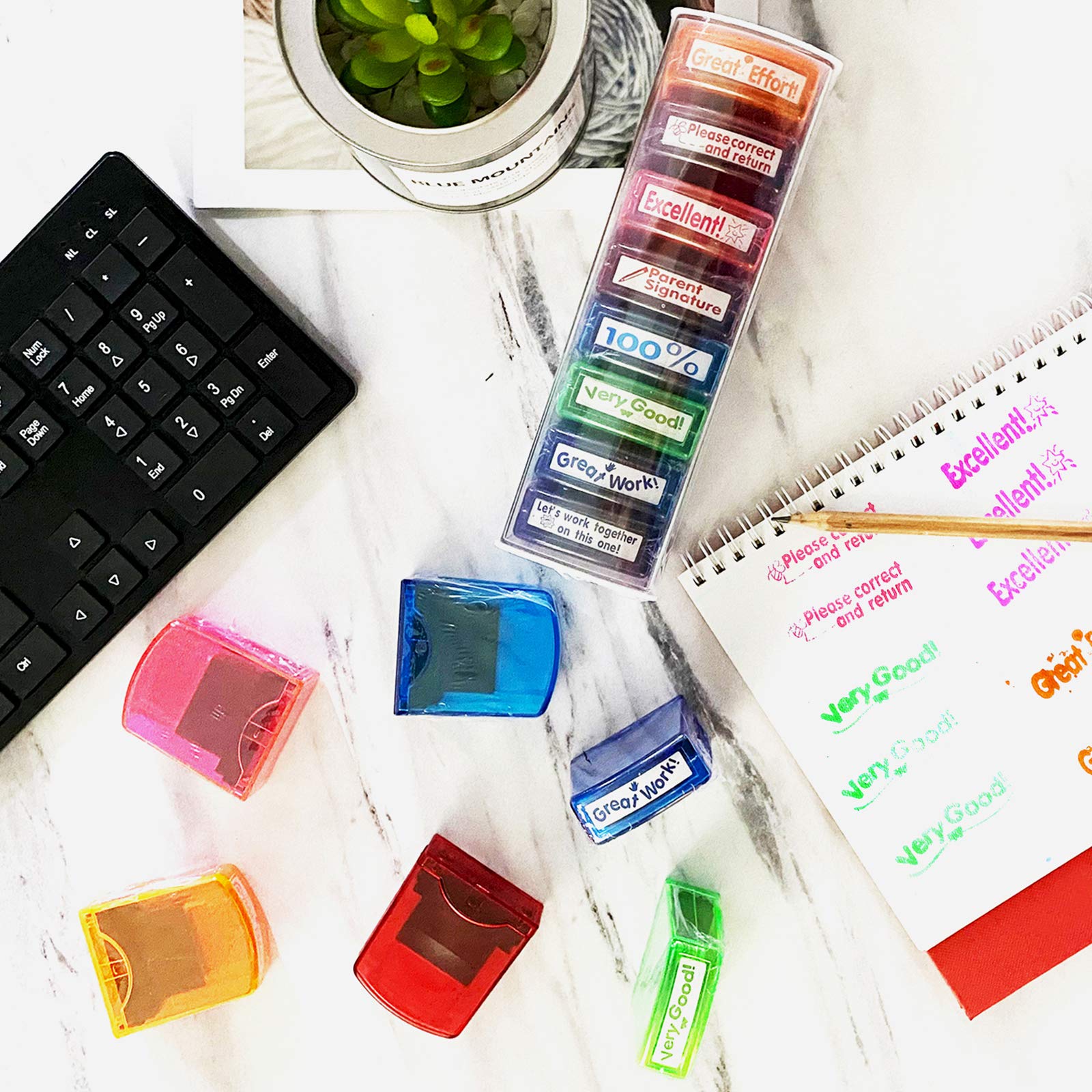 Bertiveny Teacher Stamps for Grading Classroom,Parent Signature Teacher Self-Inking Stamp Set for Homework Teacher Supplies with 8 pcs