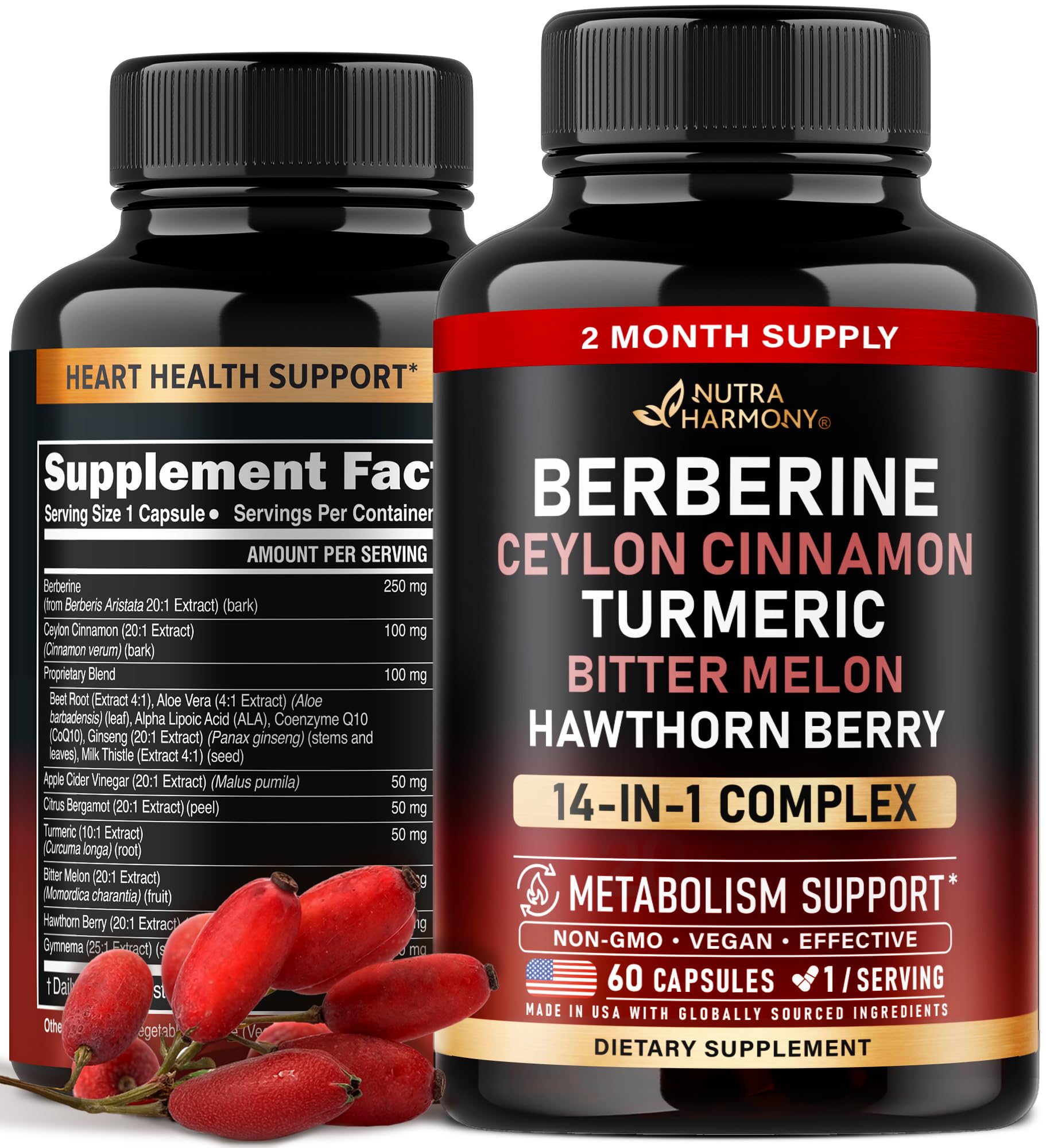 Berberine with Ceylon Cinnamon | Gymnema Extract | Apple Cider Vinegar | Hawthorn Berry | Citrus Bergamot | Bitter Melon - 14-in-1 Supplement for Heart Support, Metabolism & Energy - Vegan 60 Capsules
