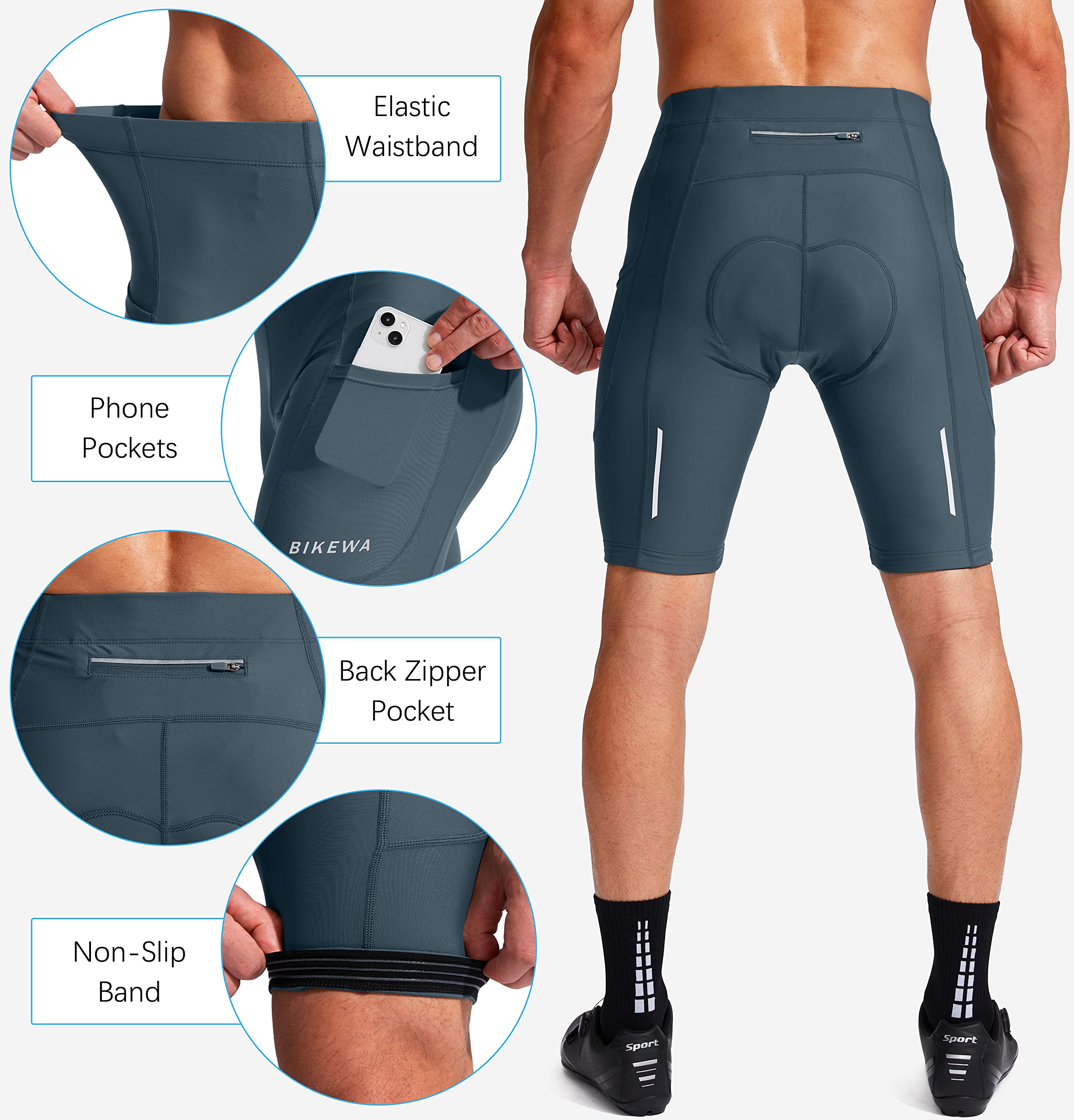 Men's Bike Shorts 3D Padded Cycling Road Biking Underwear Mountain Riding Biker Bicycle UPF 50+ Cycle Shorts Zipper Pockets(Blue Grey,L)