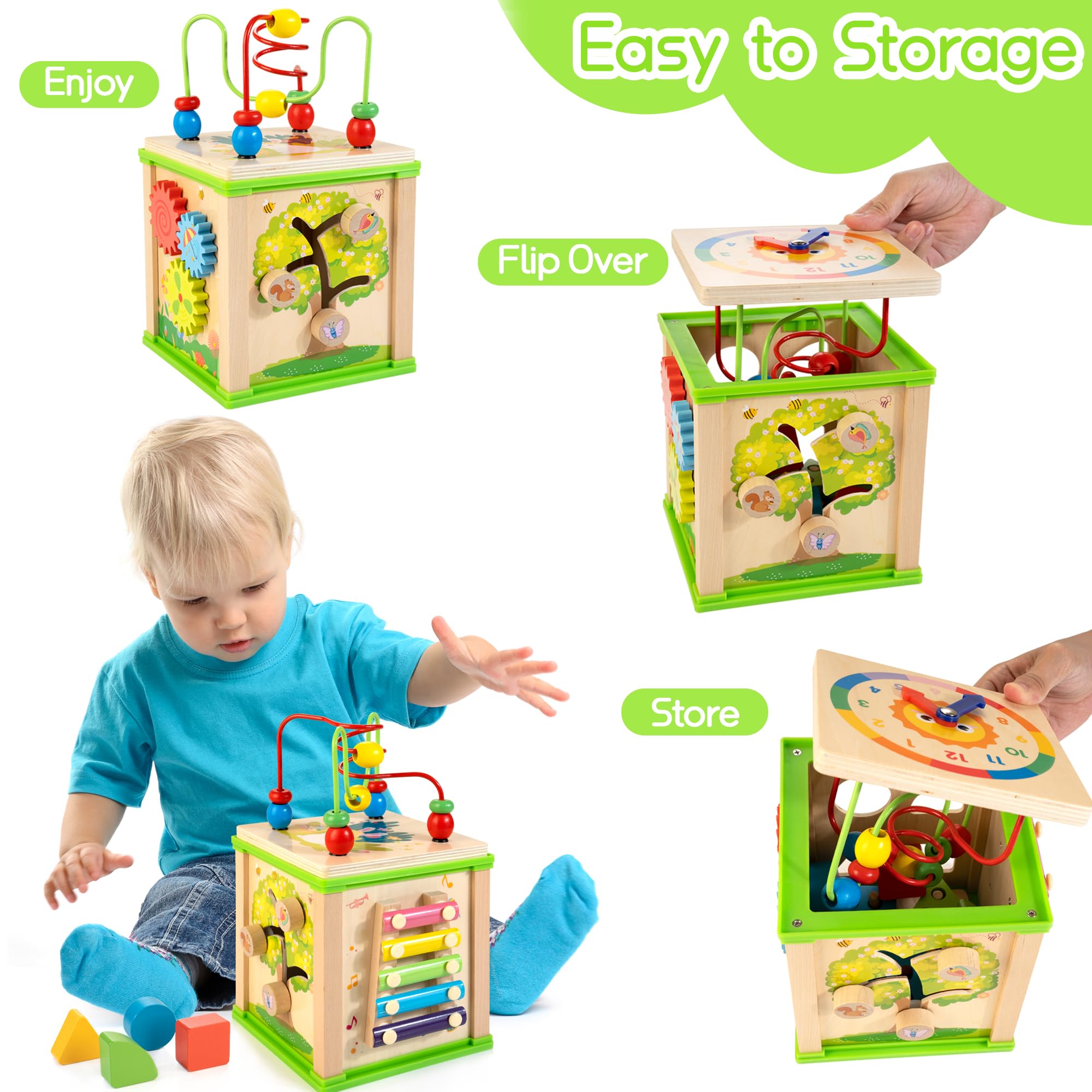 Wooden 7-in-1 Activity Cube| Montessori Toys for 1 2 3 Year Old Toddlers| Baby Educational Developmental Toys |One Year Old Boys Girls First Birthday Gifts |Bonus Sorting & Stacking Board