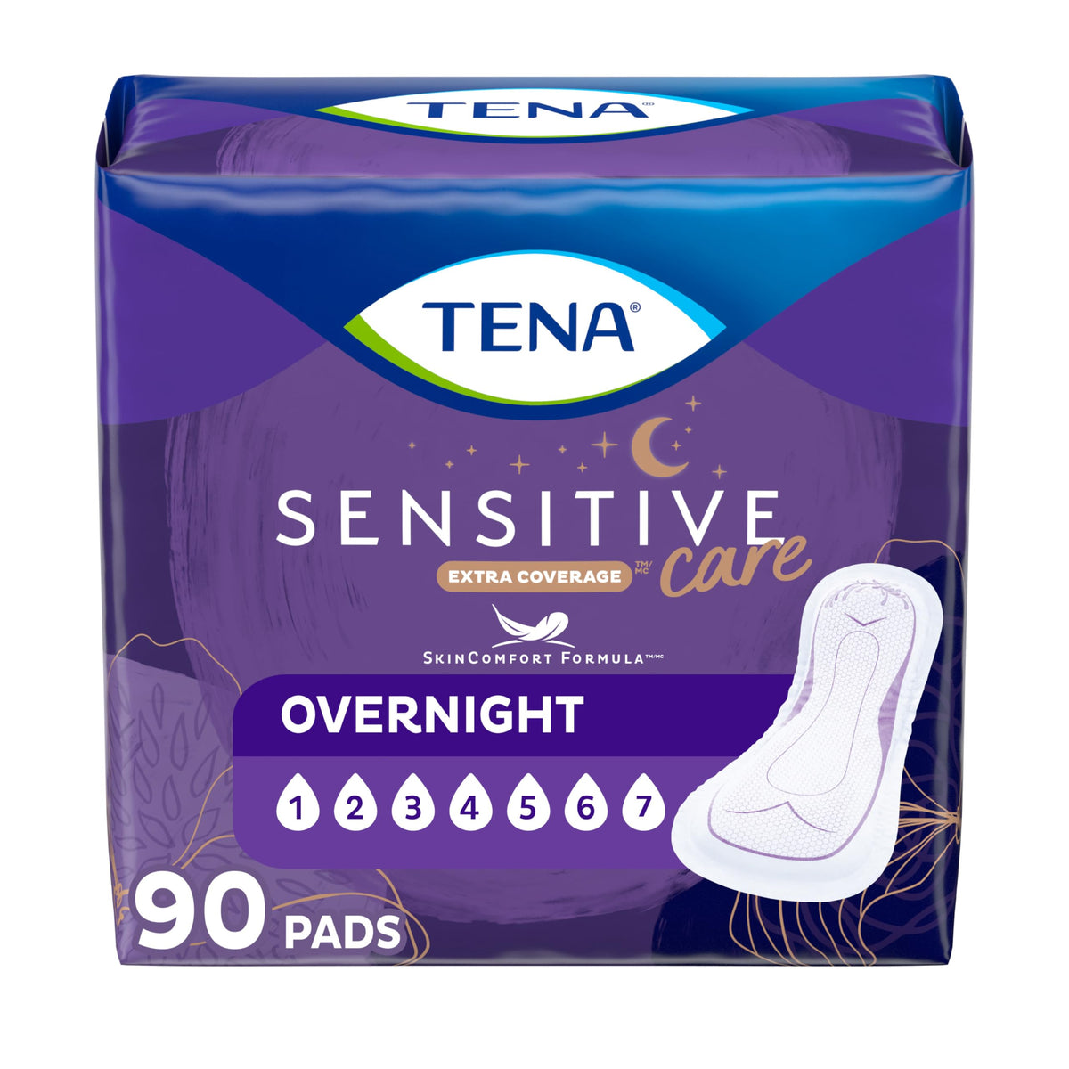 TENA Sensitive Care Incontinence Pads, Bladder Control, Postpartum for Women, Overnight Absorbency, Extra Coverage, 90 Count