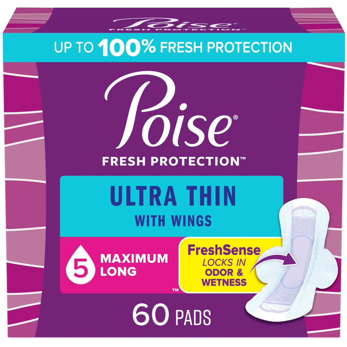 Poise Ultra Thin Incontinence & Postpartum Pads with Wings for Bladder Leaks, 5 Drop Maximum Absorbency, Long Length, 60 Count, Packaging May Vary