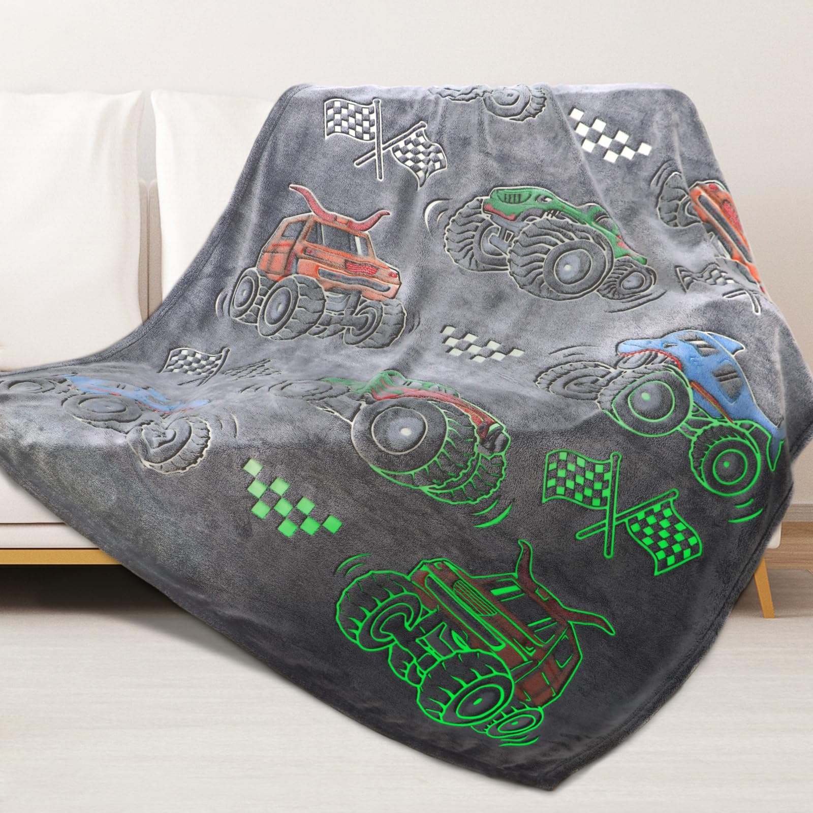 Boys Truck Car Toys Unique Gifts for Kids Glow in The Dark Blanket Glowing Cartoon Tractor Throw Blanket Soft Fleece Blanket Excavators Room Bed Sofa Decor Blankets