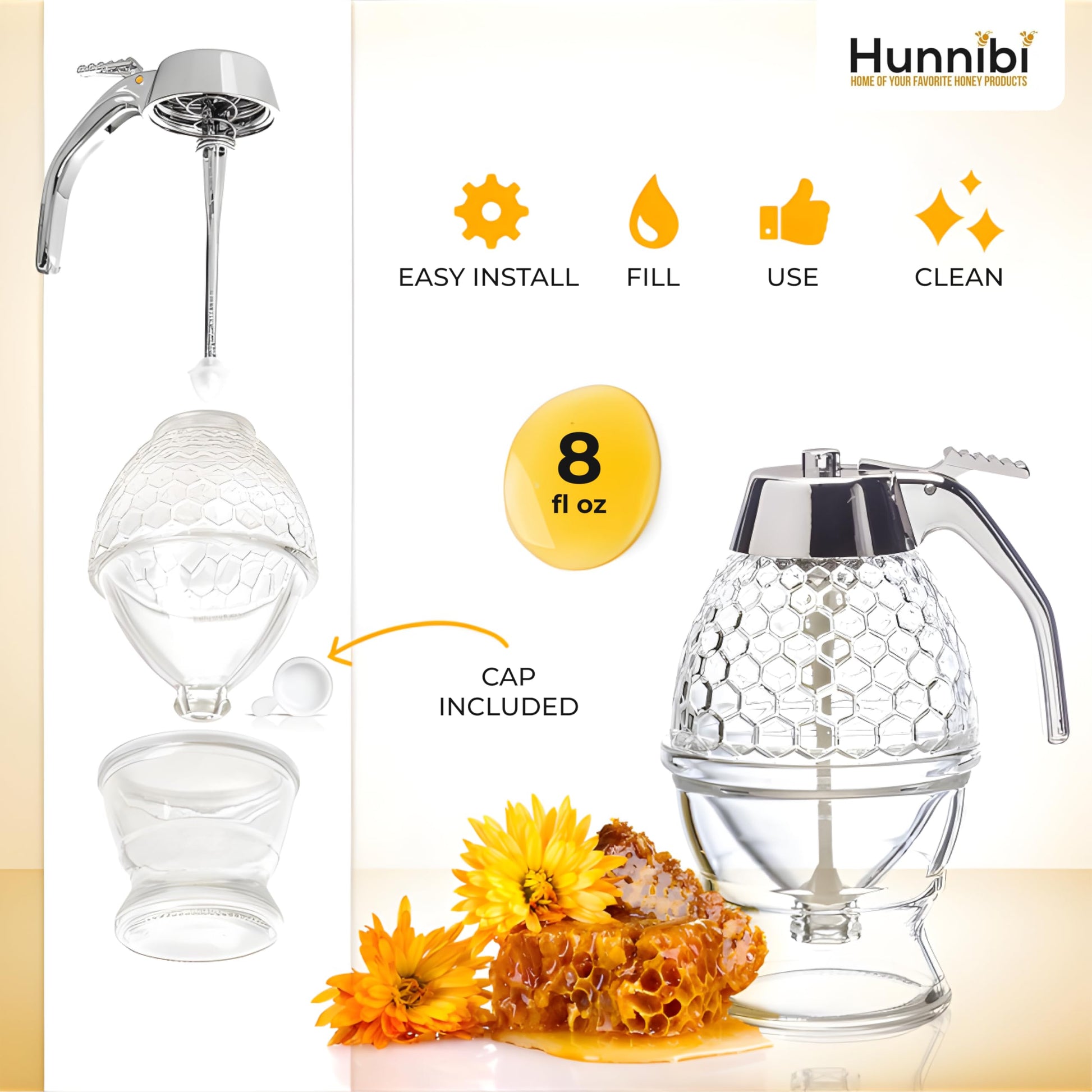 Hunnibi 8oz No Drip Glass Honey Dispenser with Plastic Top - Honeycomb-Style Syrup Server and Bee-Themed Storage Jar with Stand - 6" Clear Container for Honey, Maple Syrup