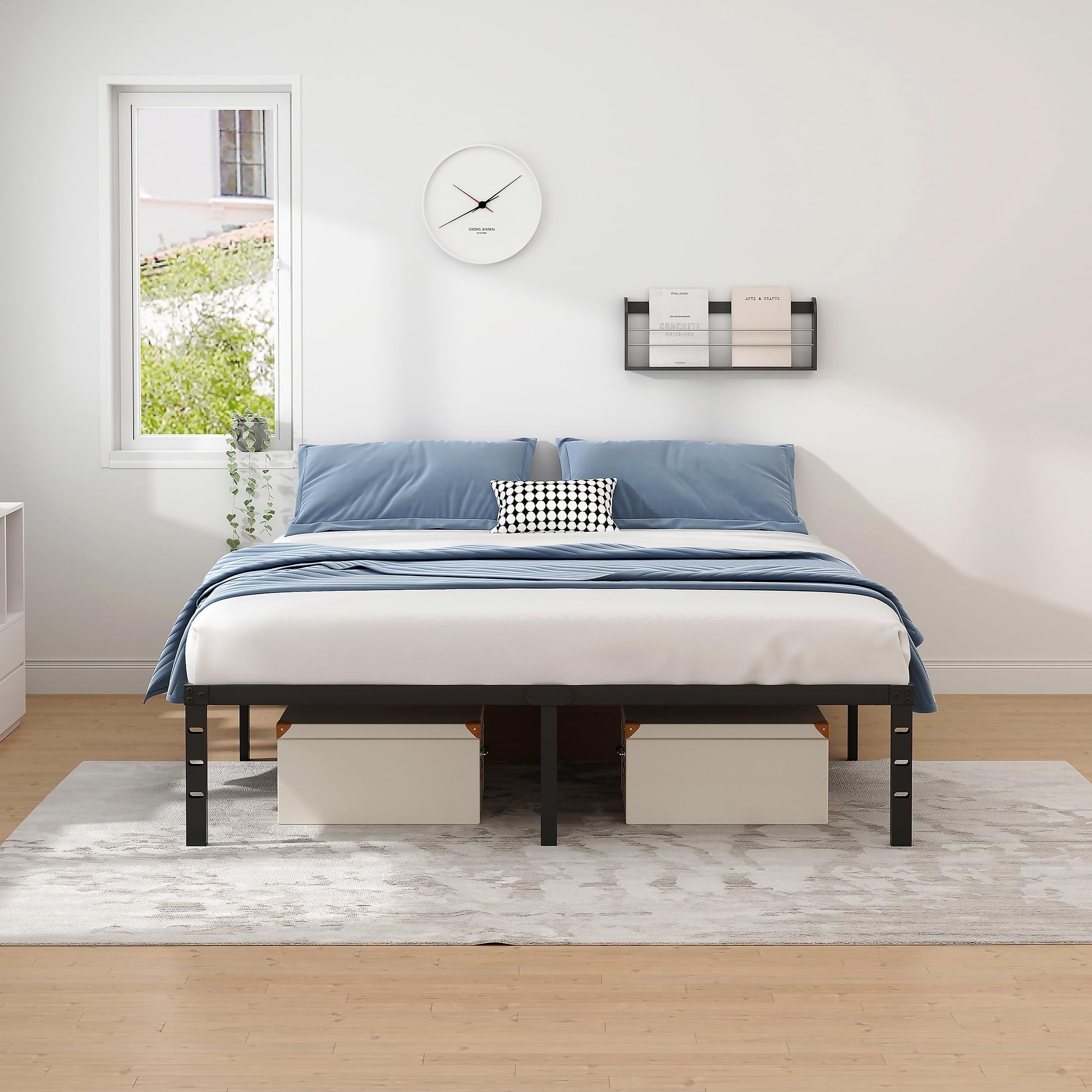 NEW JETO Metal Bed Frame,Queen Size Bed Frame with Storage Space,Heavy Duty Sturdy Mattress Foundation,Easy Assembly,No Box Spring Needed, Black,14 Inch,Queen