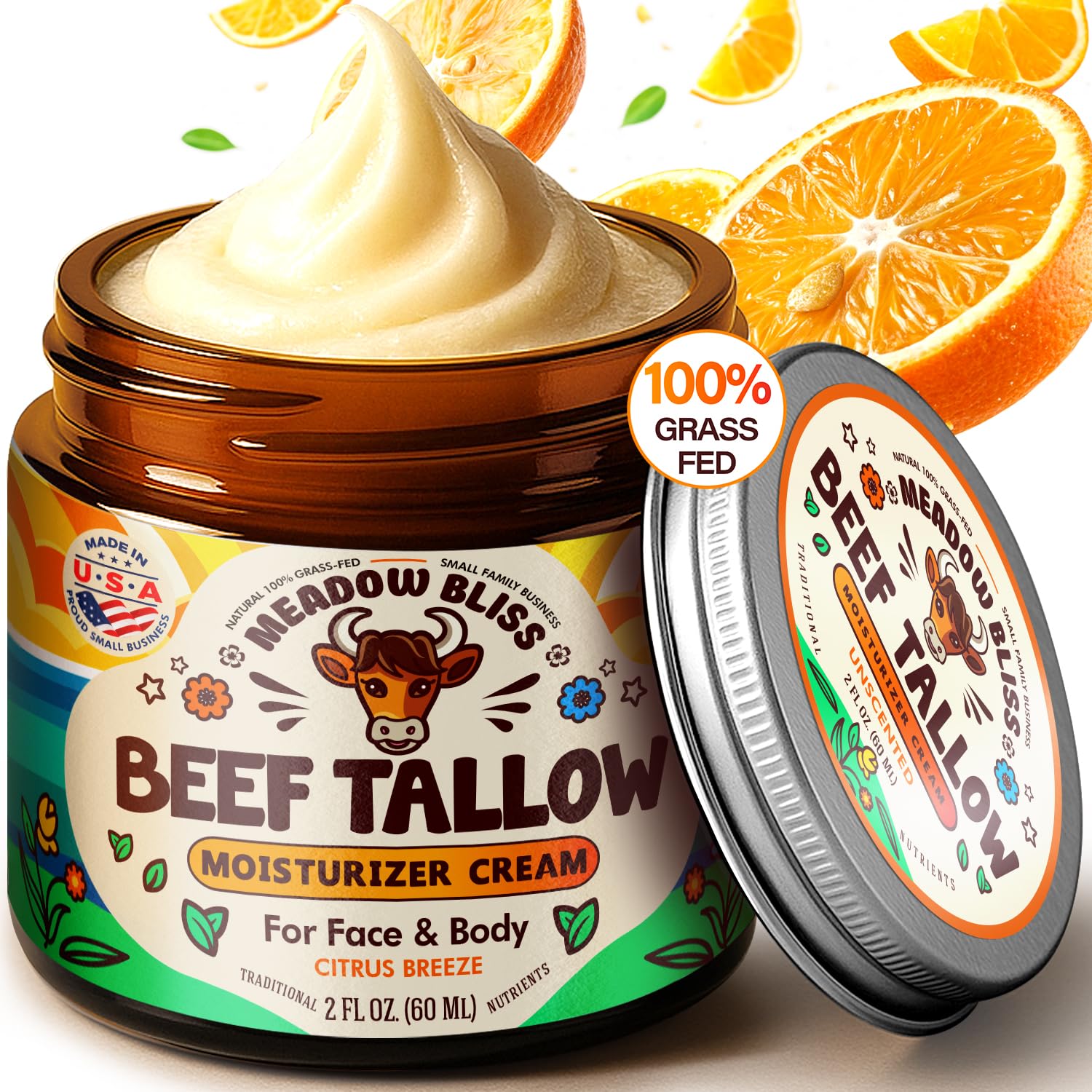 Meadow Bliss Beef Tallow for Skin - Moisturizer Cream - 100% Grass Fed - Whipped Beef Tallow - Organic Jojoba Oil - Organic Shea Butter - Supports Eczema, Rosacea+ - Made in USA - Citrus Breeze - 2 oz