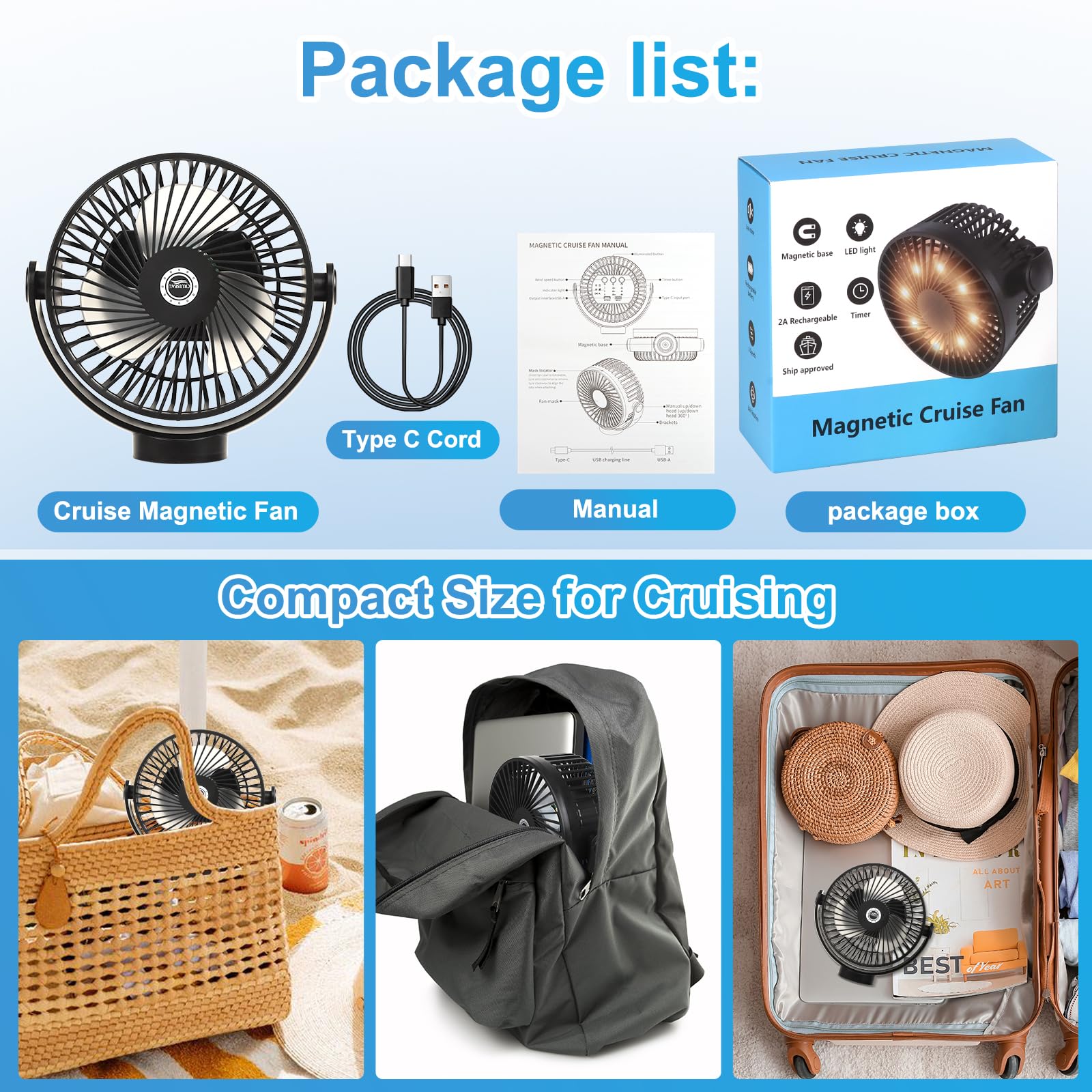 Magnetic Cruise Fan with 8000mAh Rechargeable Battery, LED Light, Timer&Power Output, Magnetically Sticks on Cabin Ceilings and Walls, Ship Approved Cabin Air Circulator
