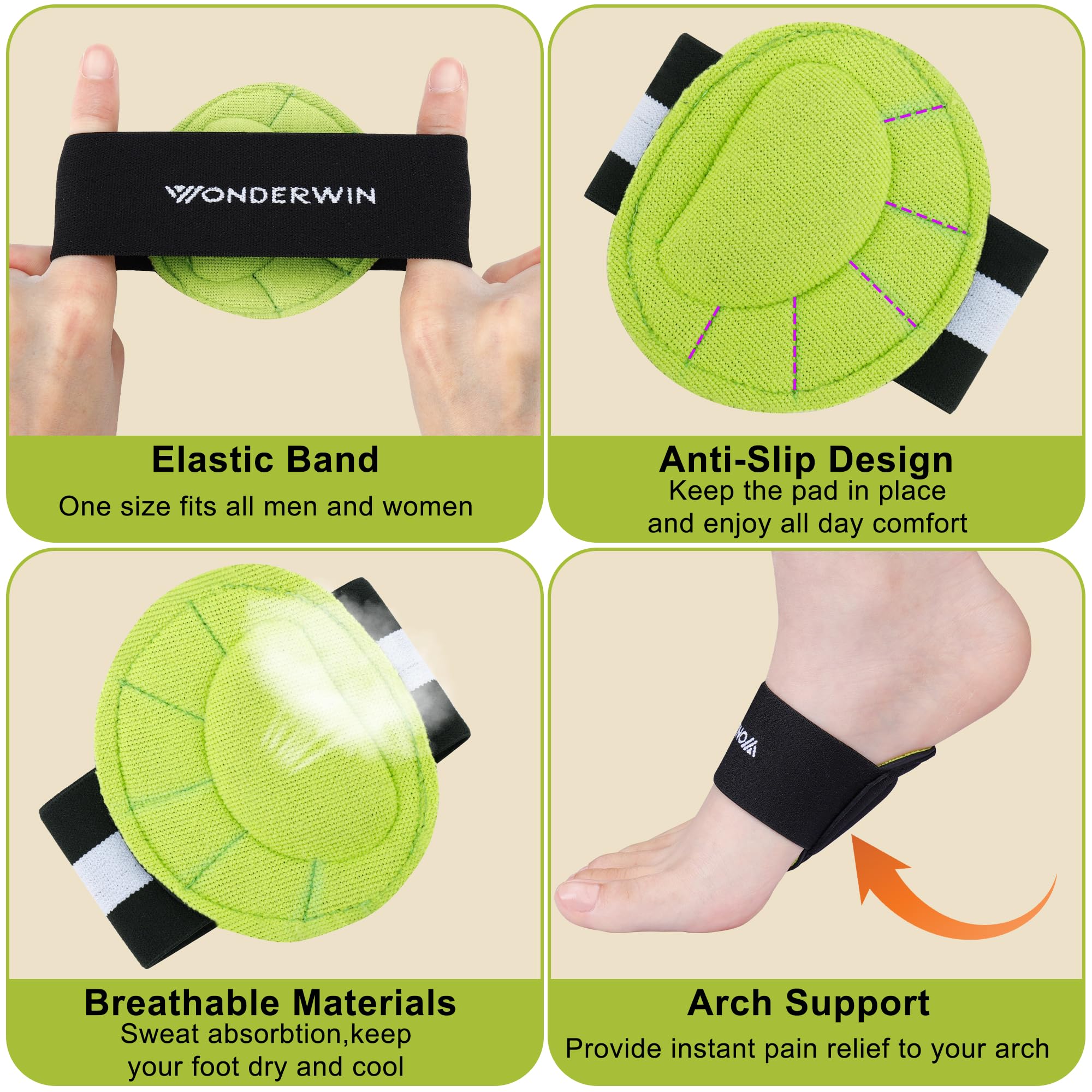 Arch Support Compression Sleeves, 3 Pairs, Cushioned Foot Relief for Plantar Fasciitis and Fallen Arches, Black/Green