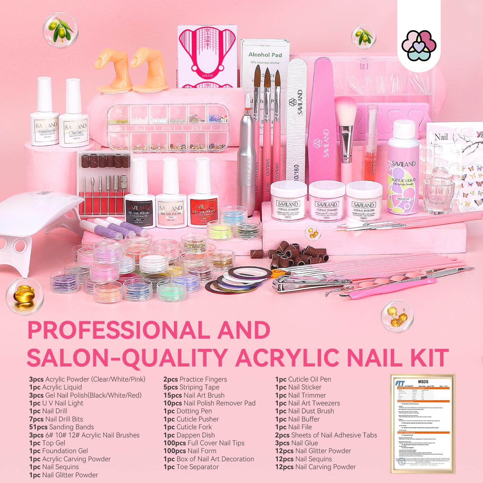 SAVILAND Acrylic Nail Kit with Drill: Professional Nail Kit Acrylic Set for Beginners with Everything Gel Polish U V Light Decorations for Home Salon Gift Set