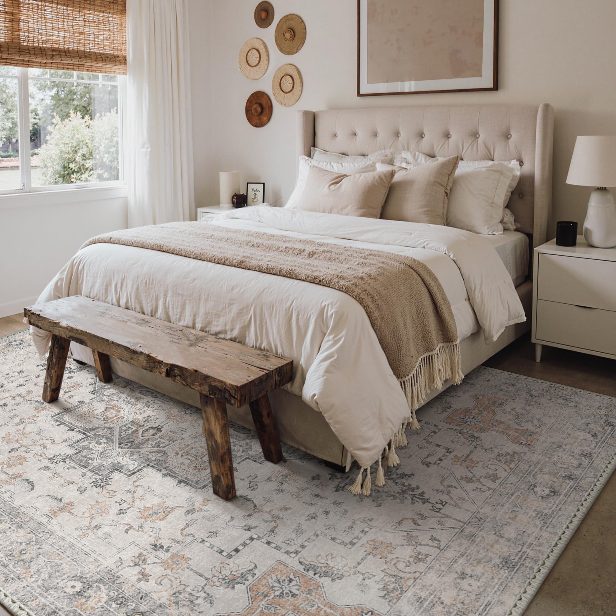GENIMO 5X7 Area Rugs for Living Room, Machine Washable Non Slip Vintage Rugs, Low Pile Lightweight Chenille Print Rug for Bedroom, Dining Room, Home Office, Light Taupe Brown