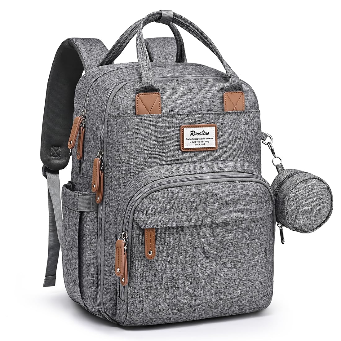 RUVALINO Wickeltaschen-Rucksack – Multifunktionaler Reise-Baby-Wickelrucksack mit Wickelunterlage, isolierten Flaschenhaltern und Schnullertasche, großem Fassungsvermögen, wasserdicht, Grau
