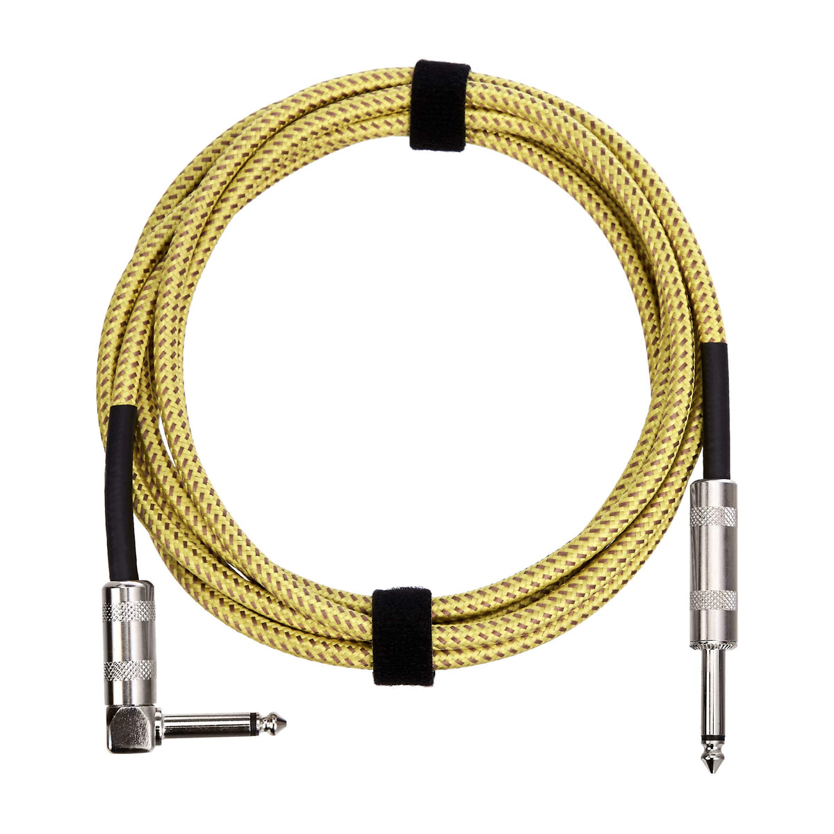 Basics TS 1/4 Inch Tweed Cloth Jacket Right-Angle Instrument Cable for Electric Guitar, 10 Foot, Yellow & Brown