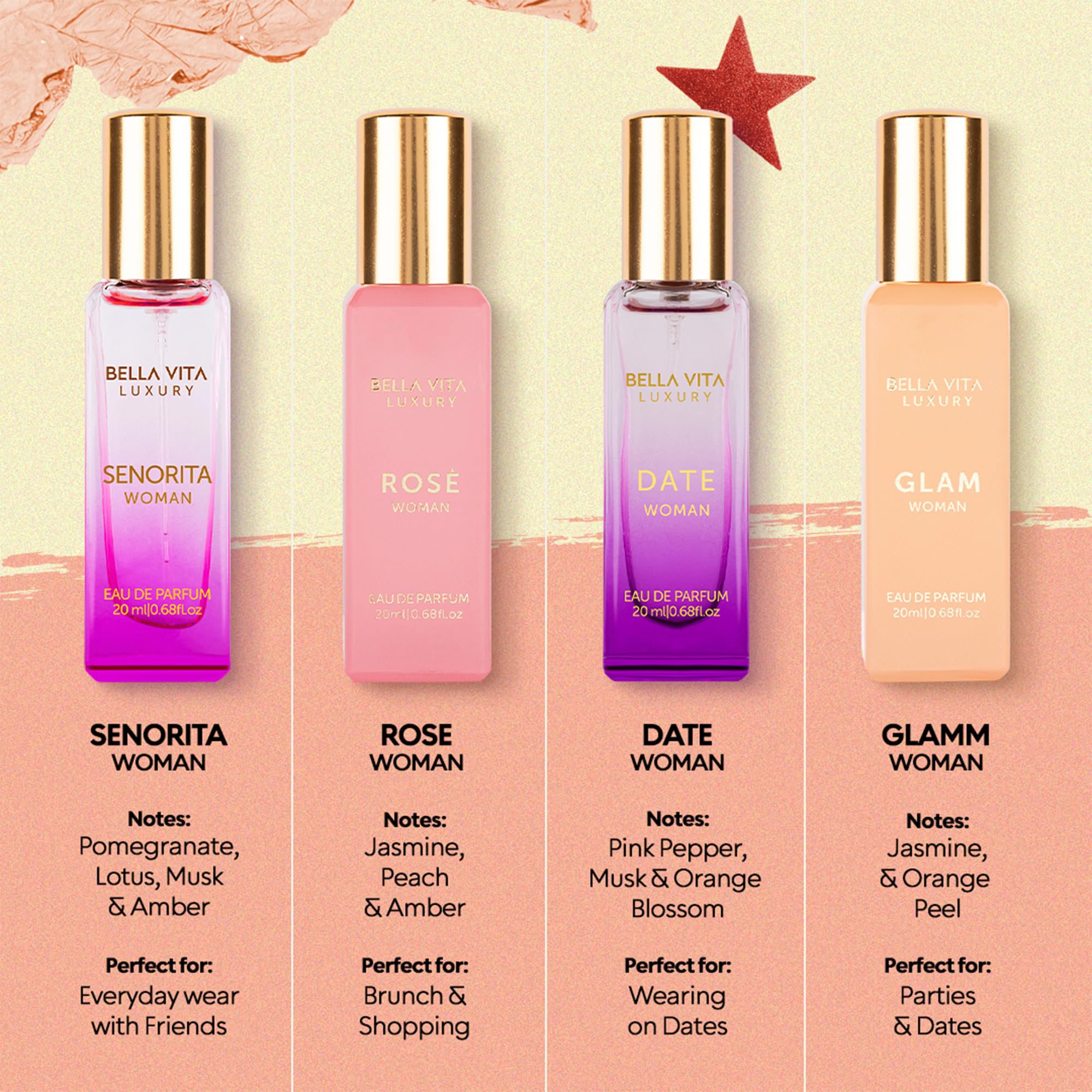 BellaVita Luxury Women's Perfume Gift Set (4x20ml) | Notes of Floral, Sweet, Spicey Red Fruit, Vanilla & Musk | DATE, SENORITA, GLAM & ROSE | French Parfum Collection Gift Set