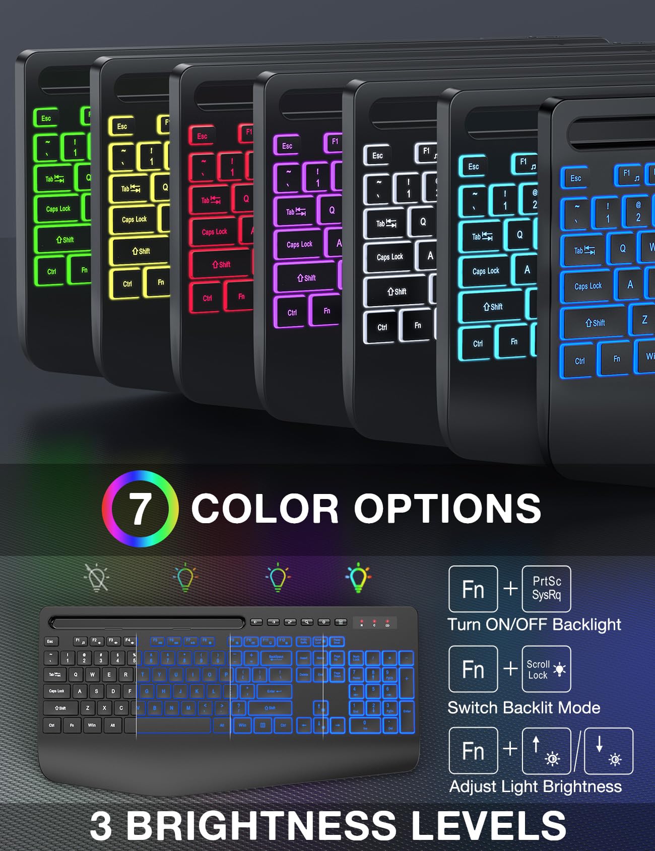 Wireless Keyboard and Mouse Combo - 9 Backlit Effects, RGB, Ergonomic Wrist Rest, Phone Holder, 2.4G Full Size, Rechargeable, Sleep Mode, Quiet Keyboard Set for Computer, PC, Laptop, Mac, Windows