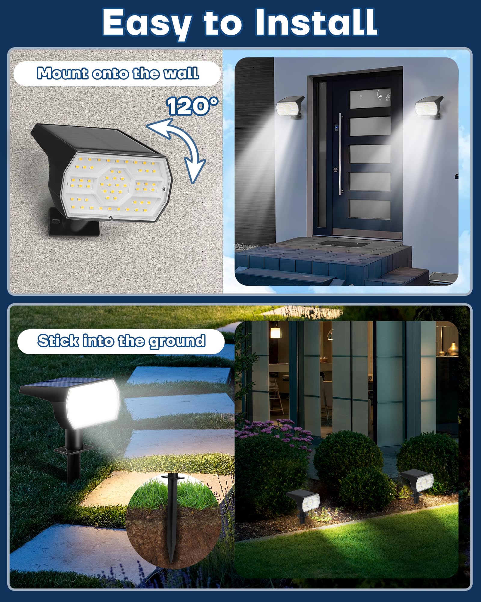 Kaxiida Solar Lights Outdoor Waterproof IP68, 3 Lighting Models Solar Powered Spot Lights Outdoor, 56LED Solar Lights Dusk to Dawn for Yard Patio Garden Pathway Landscape Lighting