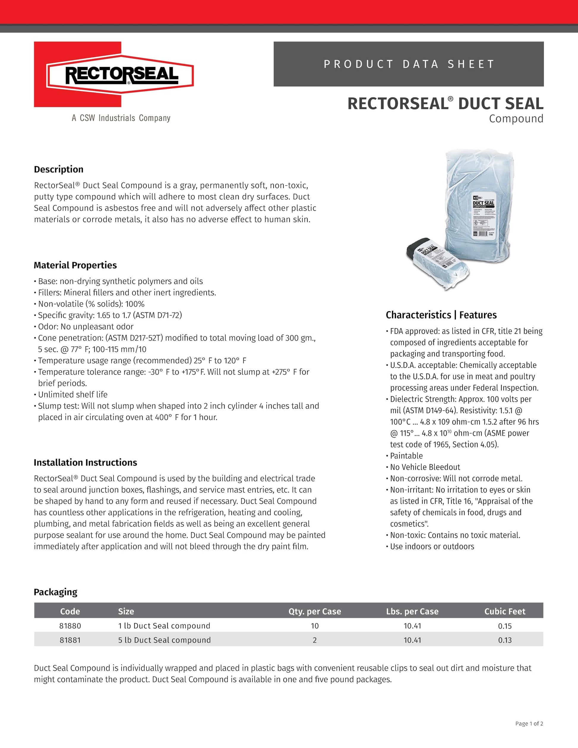 Rectorseal 81880 1-Pound Duct Seal Compound Gray