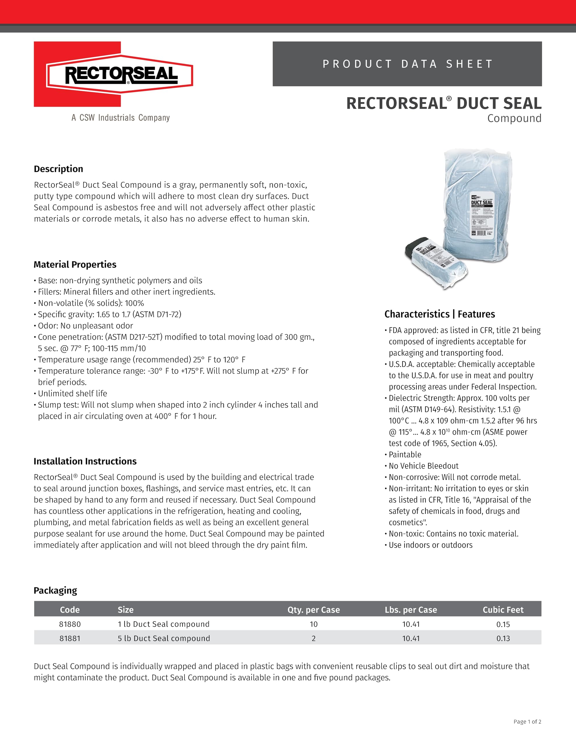 Rectorseal 81880 1-Pound Duct Seal Compound Gray