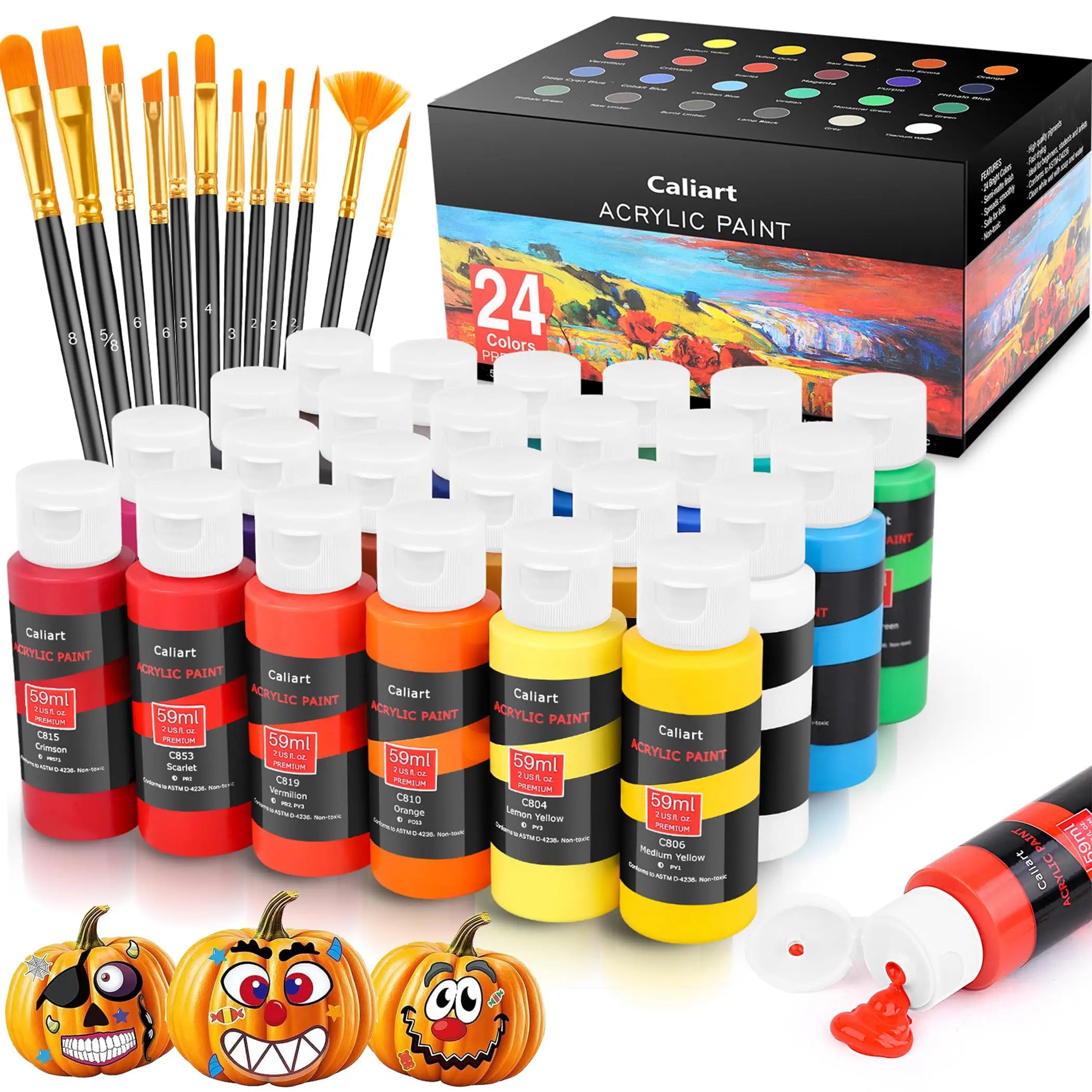 Caliart 24 Colors Acrylic Paint Set with 12 Brushes, Art Craft Paints Gifts Trendy Stuff for Adults Artists Kids Teens, Halloween Pumpkin Canvas Ceramic Rock Eggs Painting Kit Art Supplies
