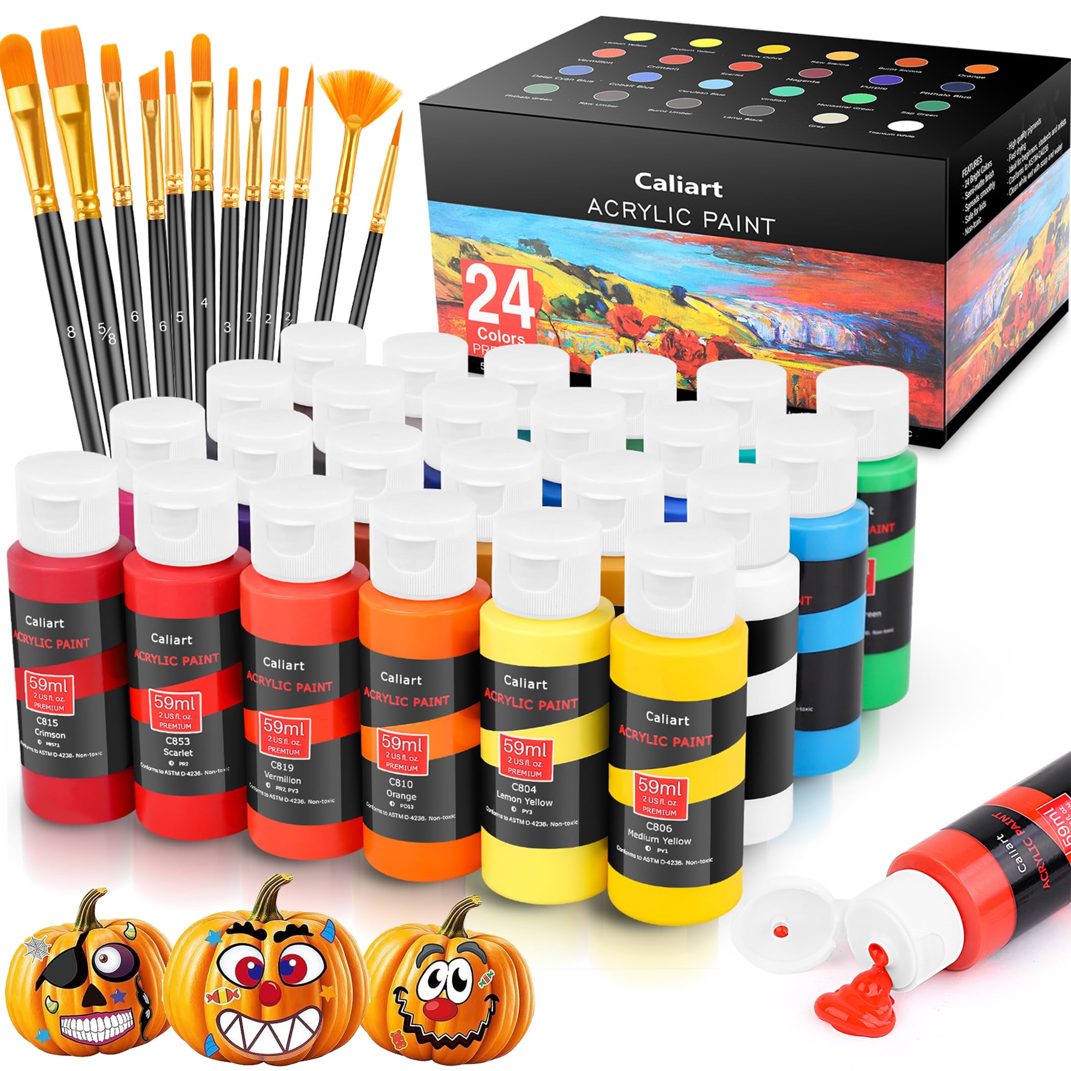 Caliart 24 Colors Acrylic Paint Set with 12 Brushes, Art Craft Paints Gifts Trendy Stuff for Adults Artists Kids Teens, Halloween Pumpkin Canvas Ceramic Rock Eggs Painting Kit Art Supplies
