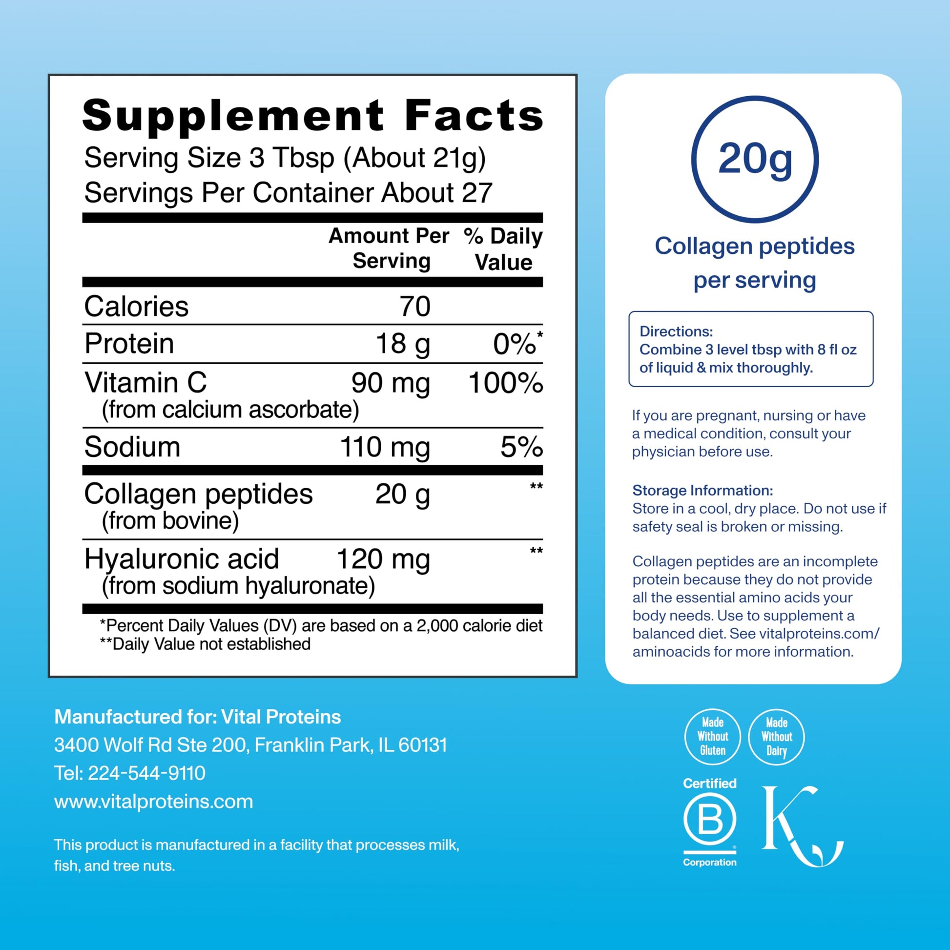 Vital Proteins Collagen Peptides Powder Advanced with Hyaluronic Acid & Vitamin C - 20oz Collagen Protein, Unflavored, 27 Servings