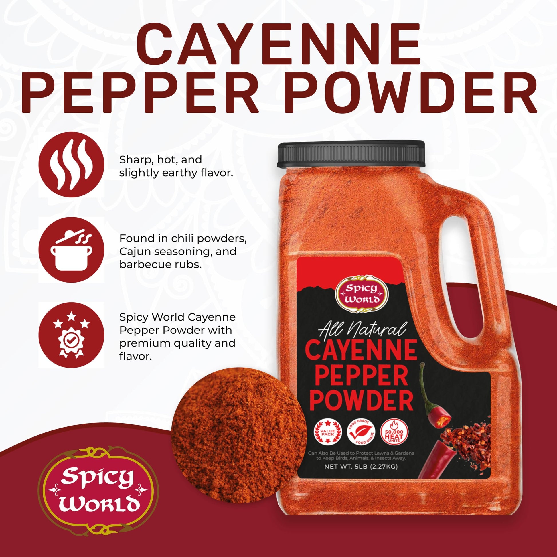 Spicy World Hot Cayenne Pepper Powder Bulk 5 LBS Jar - Red Ground Pepper 50,000 SHU Heat Unit - Gluten Free All Natural Red Pepper- Freshly Packed In USA, For Commercial & Home Use