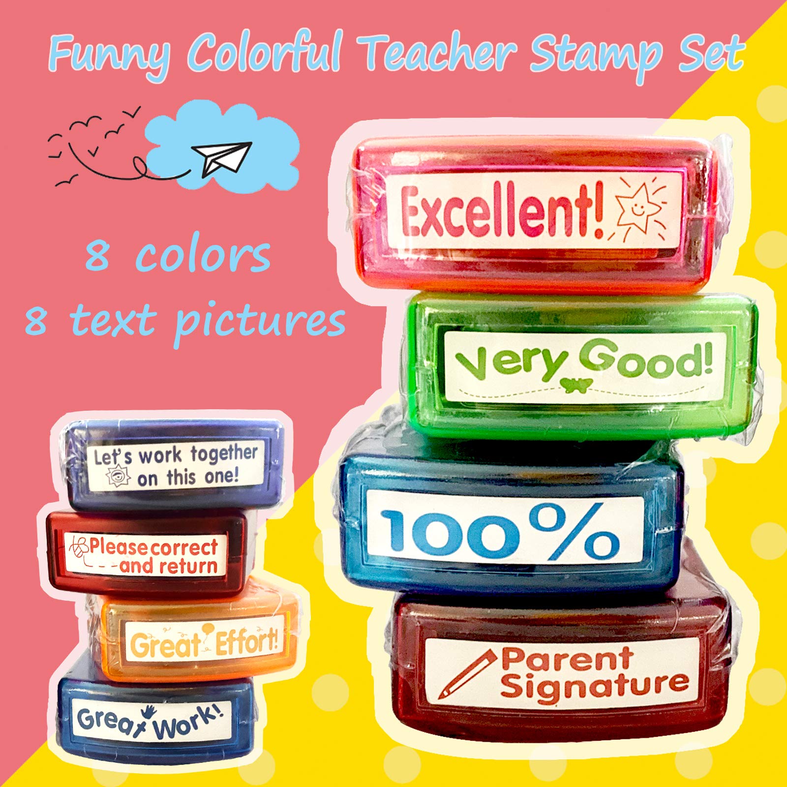 Bertiveny Teacher Stamps for Grading Classroom,Parent Signature Teacher Self-Inking Stamp Set for Homework Teacher Supplies with 8 pcs