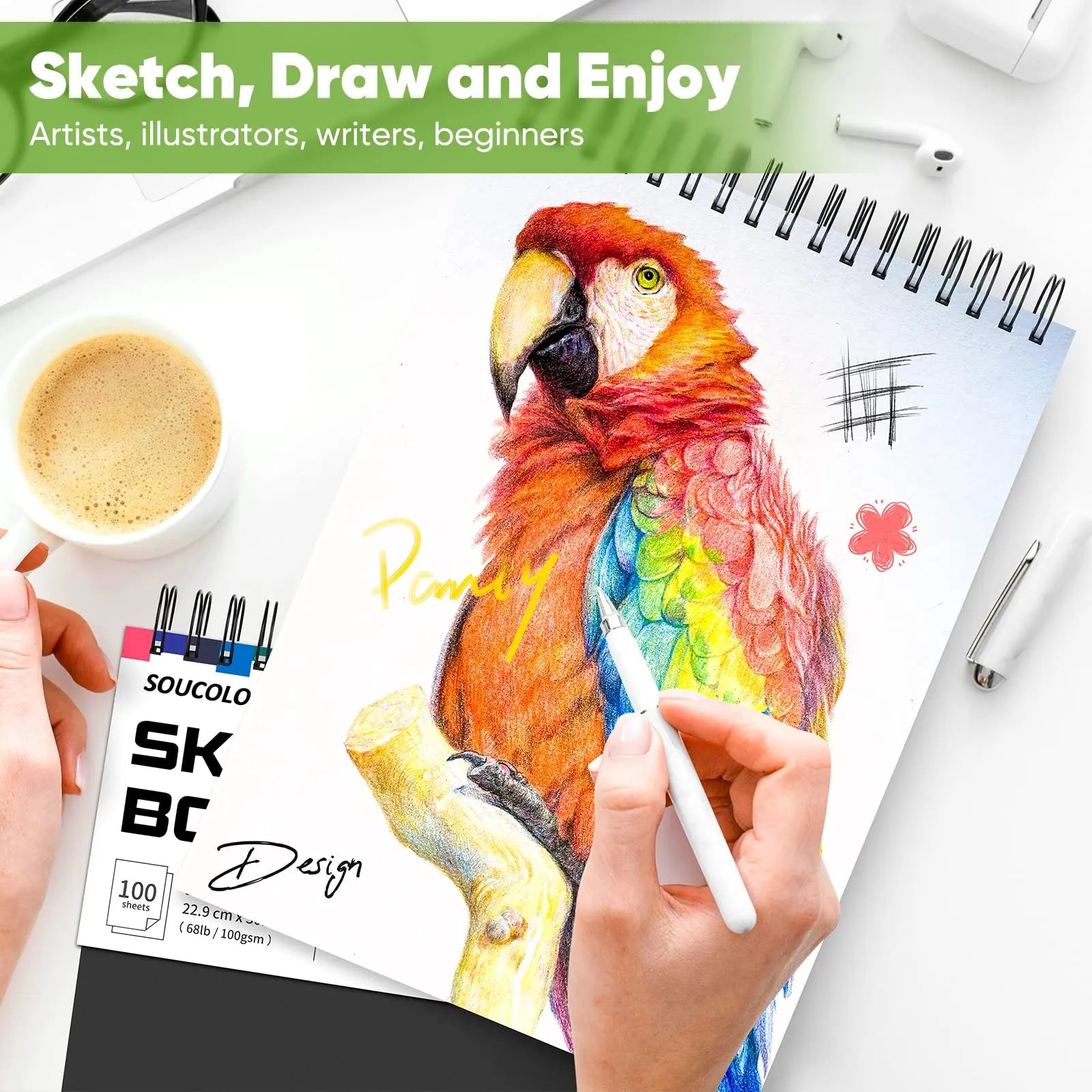 Soucolor 9" x 12" Sketch Book, 1-Pack 100 Sheets Spiral Bound Art Sketchbook, (68lb/100gsm) Acid Free Artist Drawing Book Paper Painting Drawing Writing Sketching Pad for Kids Adult Teens Girls Boys