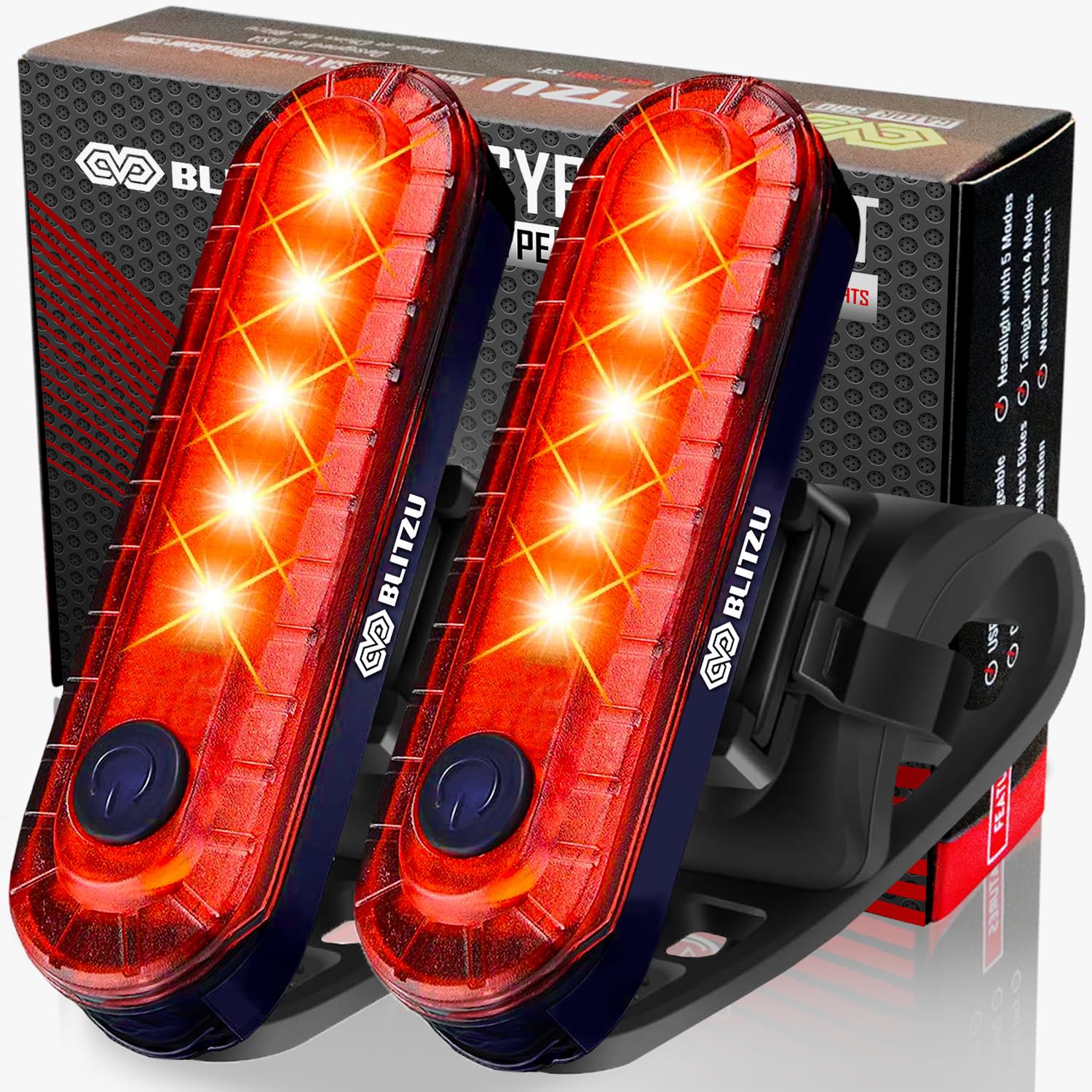 BLITZU USB-C Wiederaufladbares Fahrradrücklicht 2er-Pack, helle Fahrrad-Rücklicht-Zubehör für nächtliche Fahrten, Cyborg 120T, 4 Lichtmodi für Erwachsene, Kinder, Männer, Frauen, Rennrad, Mountainbike