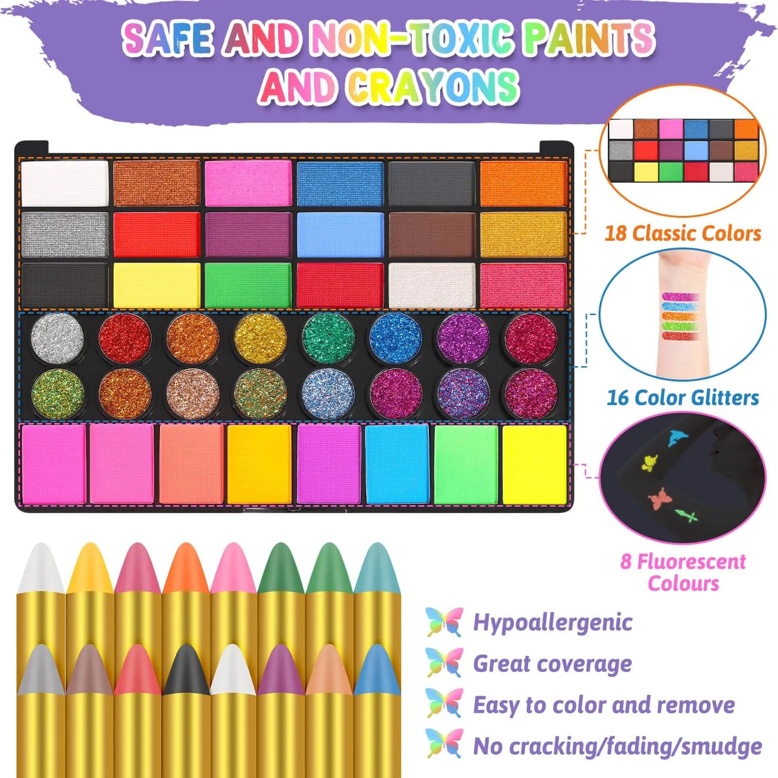 Flasoo Kids Face Painting Kit - 42 Non-Toxic Colors, 16 Crayons, 6 Reusable & 40 Sticky Stencils for Parties & Halloween