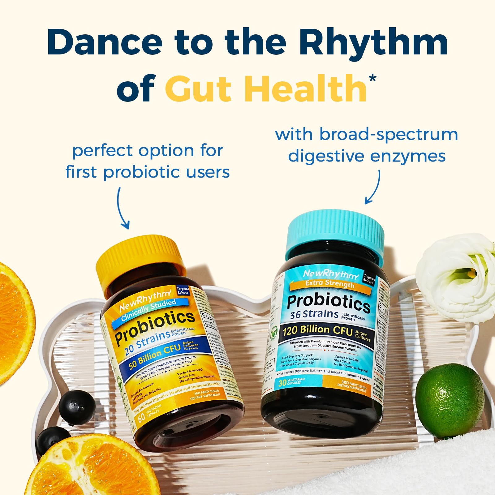 NewRhythm Probiotics 50 Billion CFU 20 Strains, 60 Veggie Capsules, Targeted Release Technology, Stomach Acid Resistant, No Need for Refrigeration, Non-GMO, Gluten Free