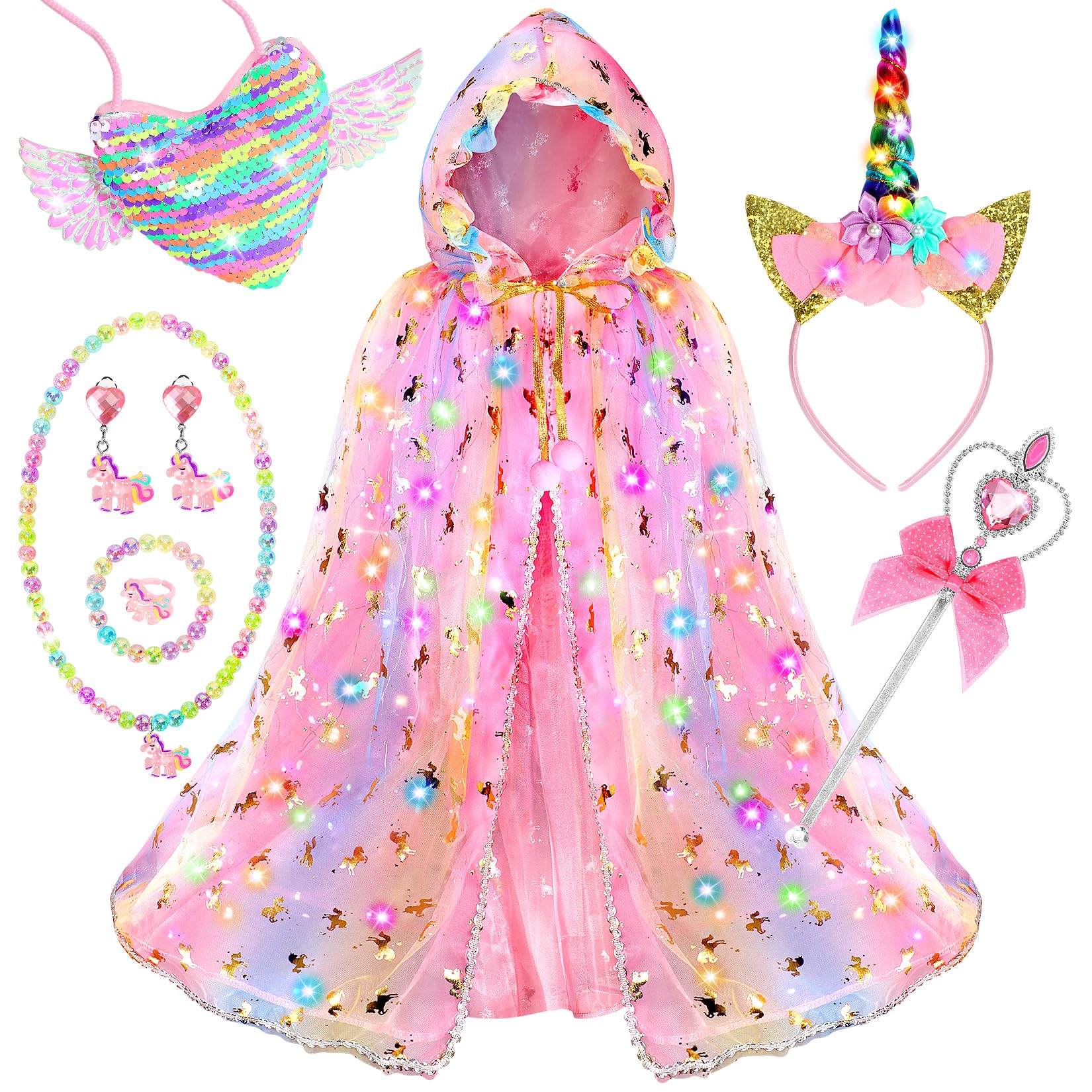Fedio Princess Dress up for Girls,Unicorn Light up Princess Cape Set,Light up Princess Dress with Unicorn Toys for Girls 3-8 Halloween