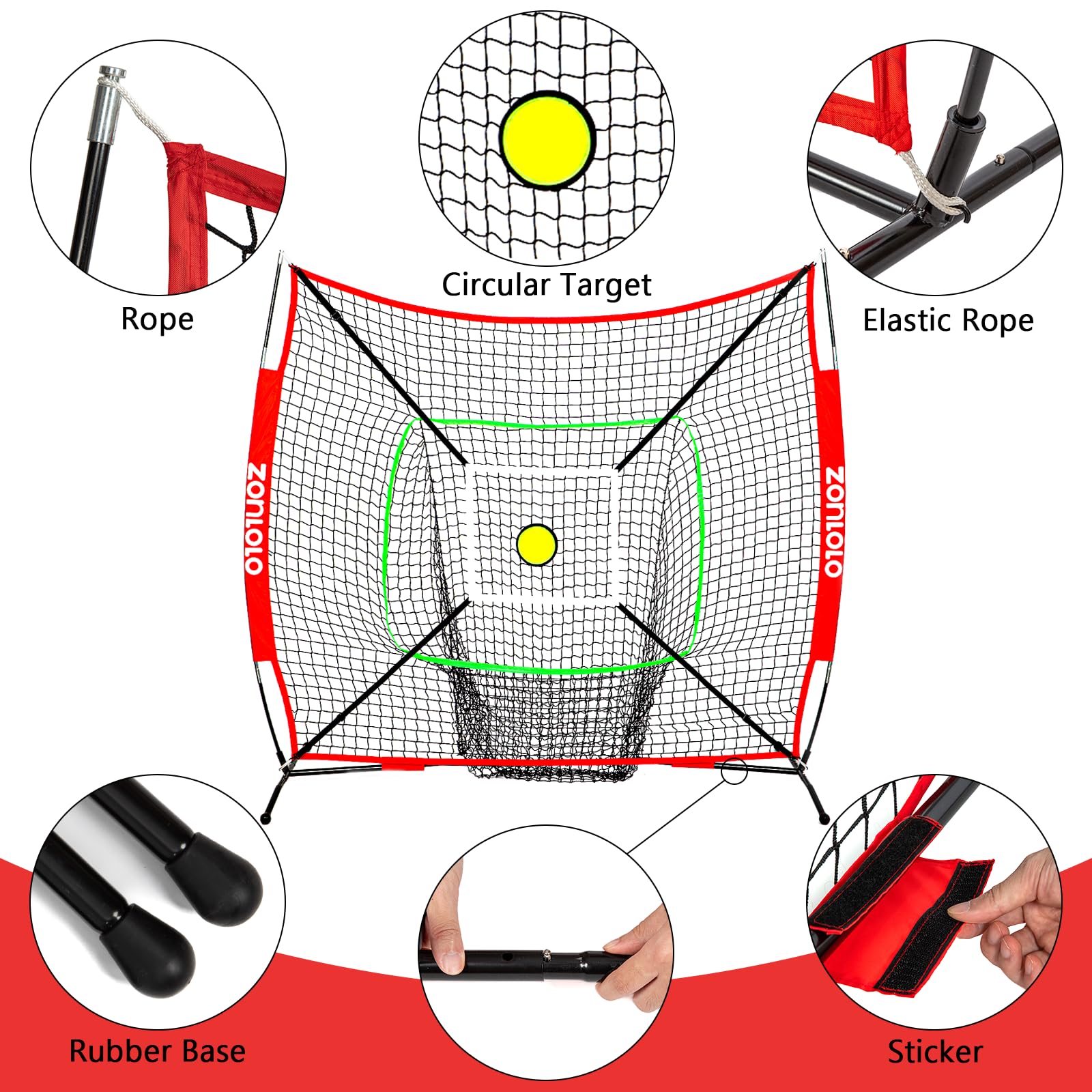 ZONLOLO 6x6ft Portable Baseball & Softball Net for Hitting and Pitching, with Sturdy Bow Frame and Carry Bag, Special Circular Target and Strike Zone for Accurate Throwing Practice, Great for Kids