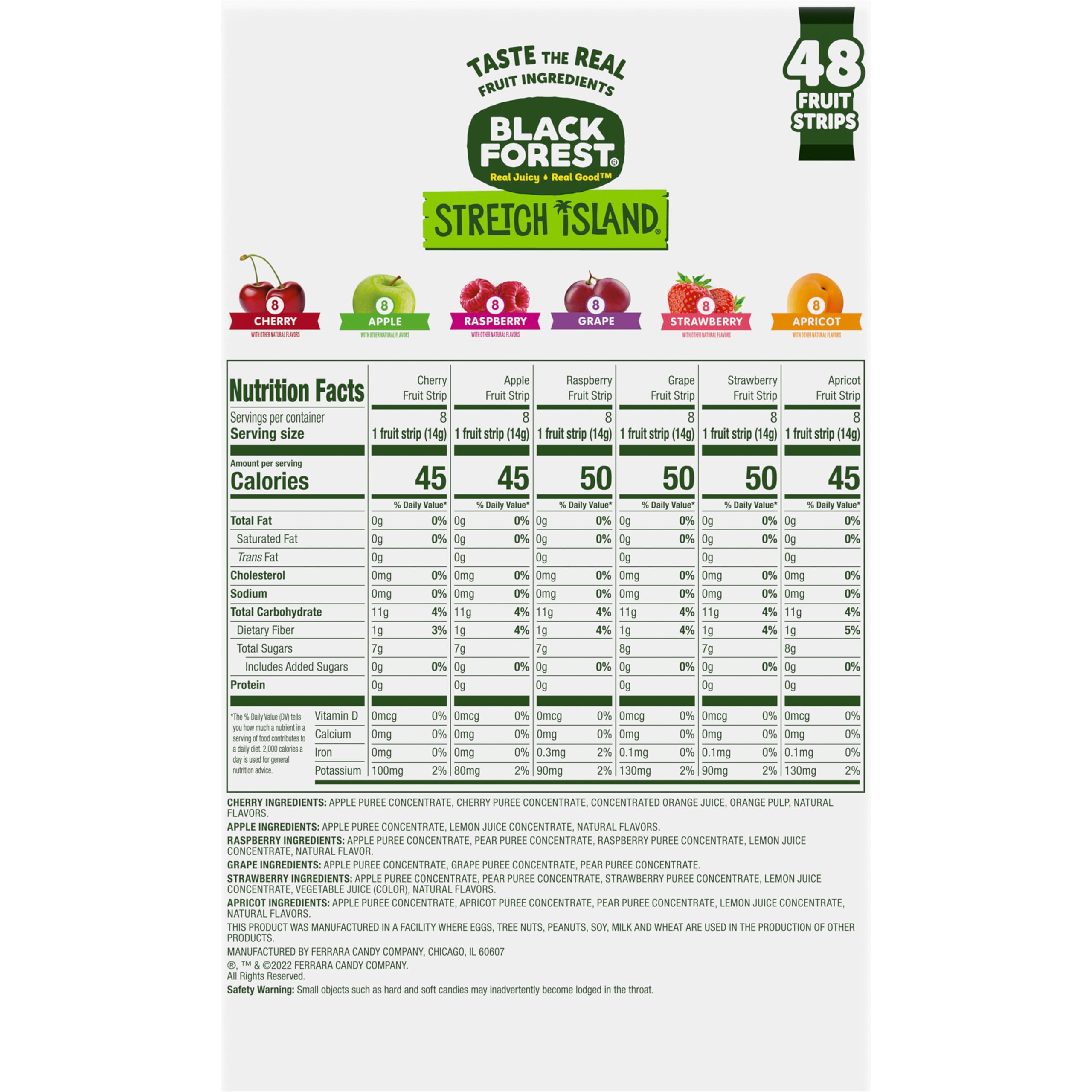 Black Forest, Stretch Island, Fruit Strips, Cherry, Apple, Raspberry, Grape, Strawberry, and Apricot, Zero Grams Added Sugar Non-GMO, 48 ct
