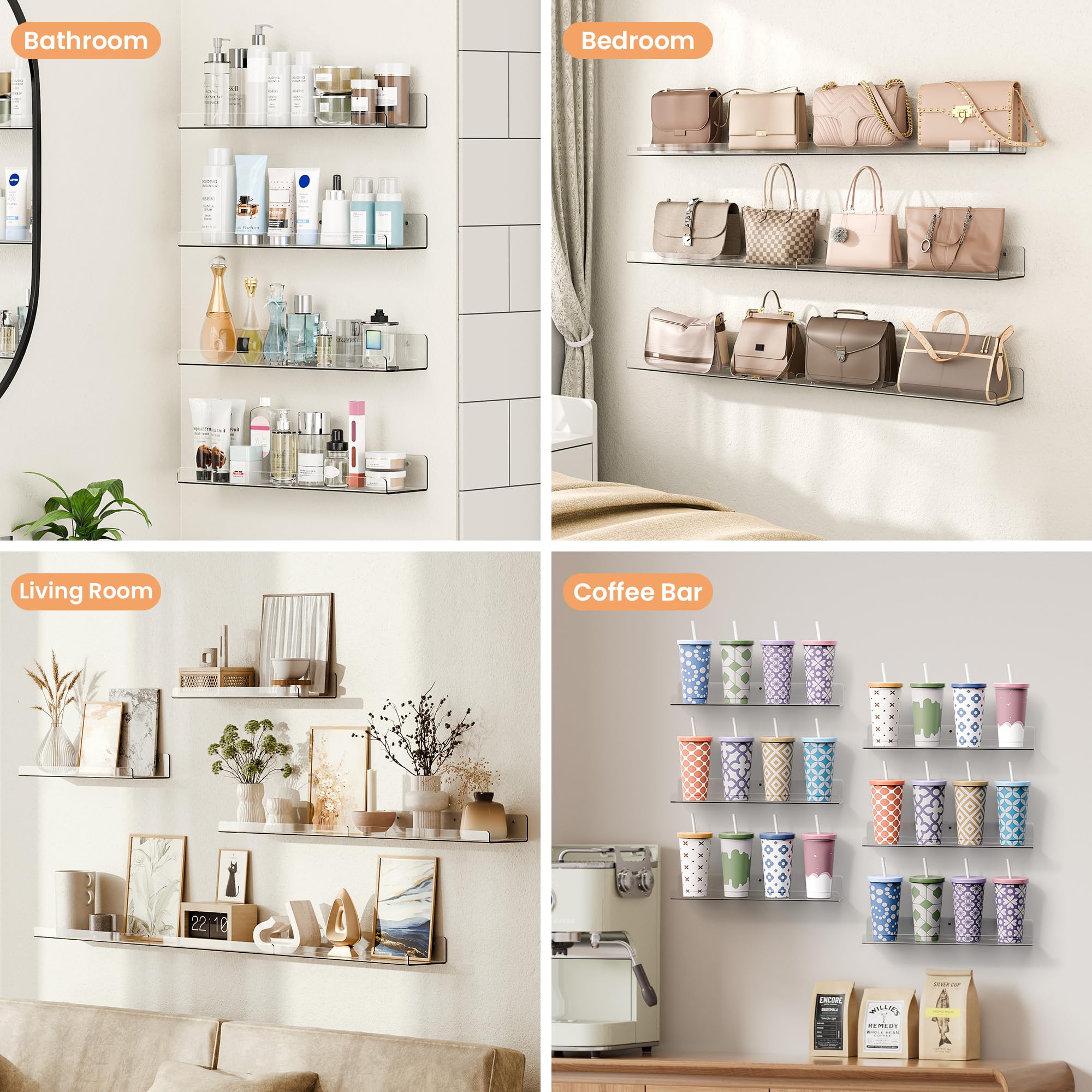 upsimples 6 Pack Acrylic Shelves for Wall Storage, 15" x 4“ Floating Bookshelves for Kids, Display Shelf Organizer for Bathroom, Bedroom, Living Room, Kitchen, Room Decor, Clear