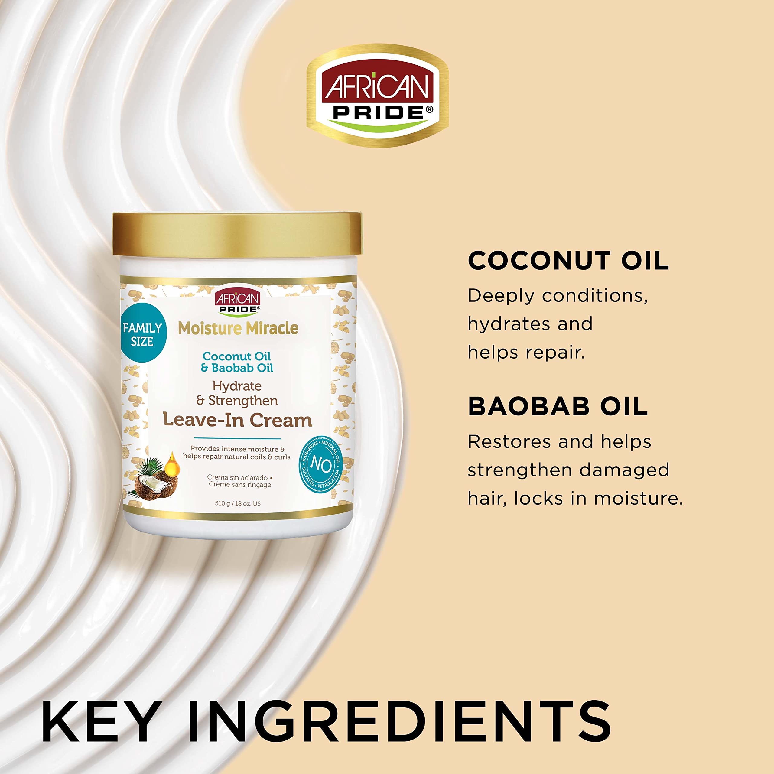 African Pride Moisture Miracle Coconut Oil & Baobab Oil Leave-In Hair Cream - Provides Intense Moisture & Helps Repair Natural Coils & Curls, Hydrates & Strengthens, 18 oz