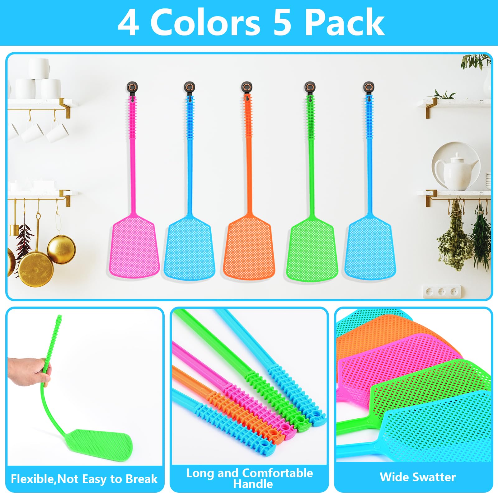 Fly Swatter,5 Pack Plastic Heavy Duty Manual Fly Killer, Long Handle Flyswatter, Large Bug Swatters That Work for Indoor and Outdoor