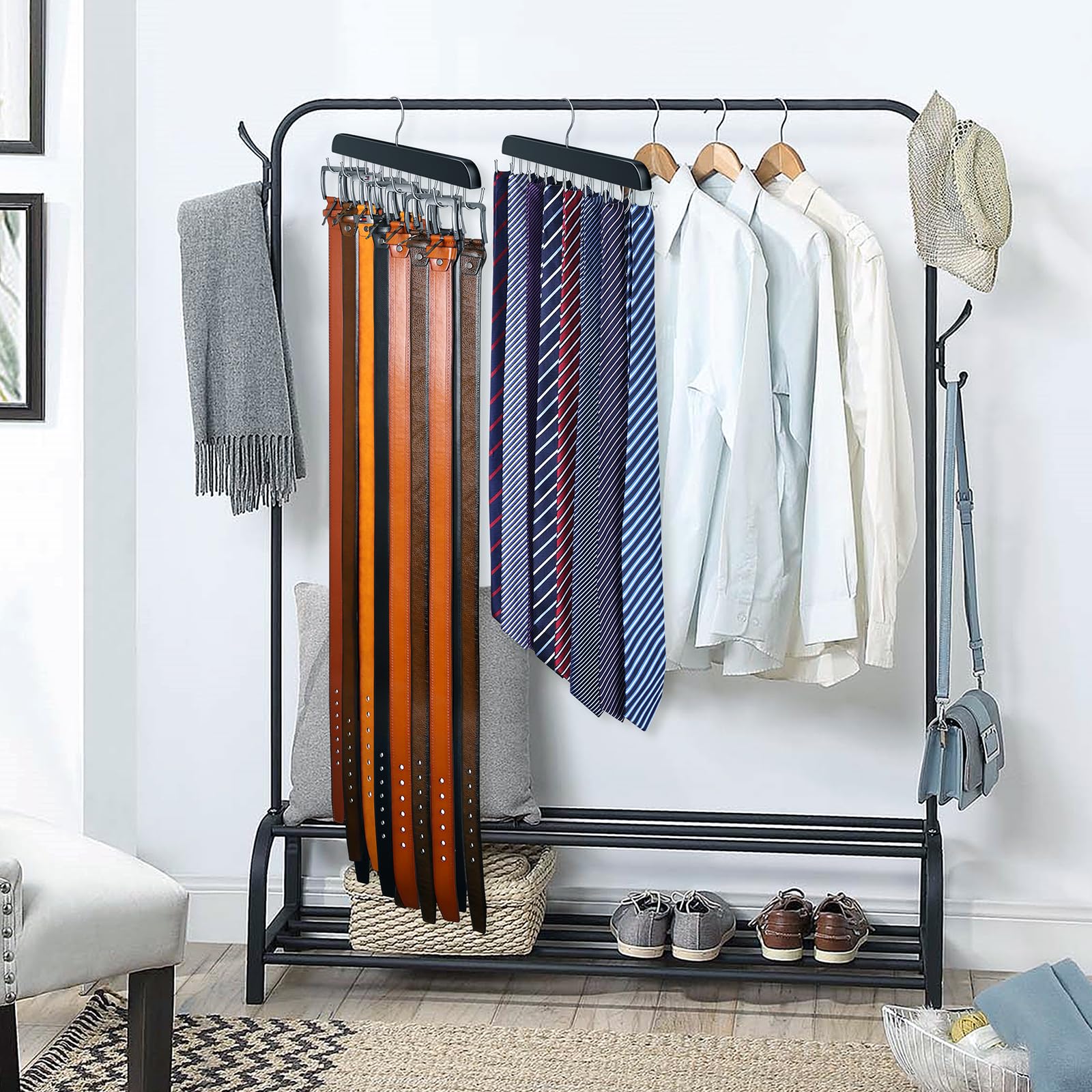 Belt Hanger for Closet Max 42 Belts, Sturdy Wood Belt Rack Closet Accessories with 14 Hooks Belt Organizer for Closet Organizers and Storage -Black 1 Pack