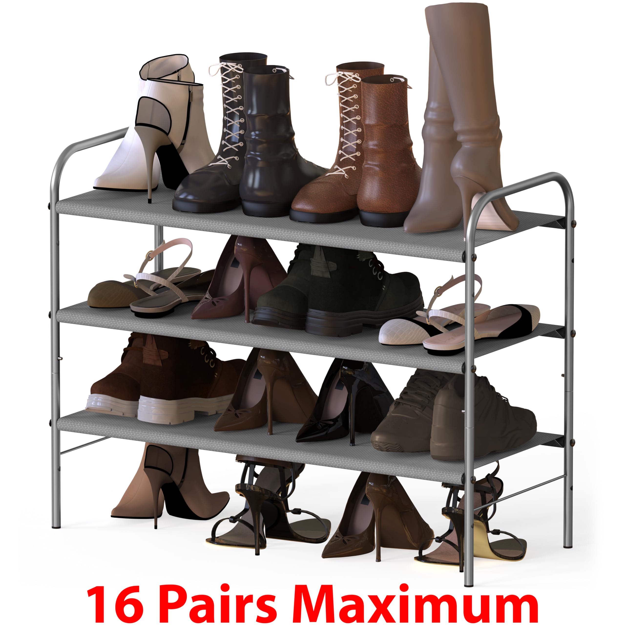 Simple Houseware 3-Tier Shoe Rack Storage Organizer, Grey – Space-Saving Shoe Shelf, Holds 9–16 Pairs, Sturdy Metal Frame, Easy Assembly – Closet, Entryway, Bedroom Shoe Storage Solution