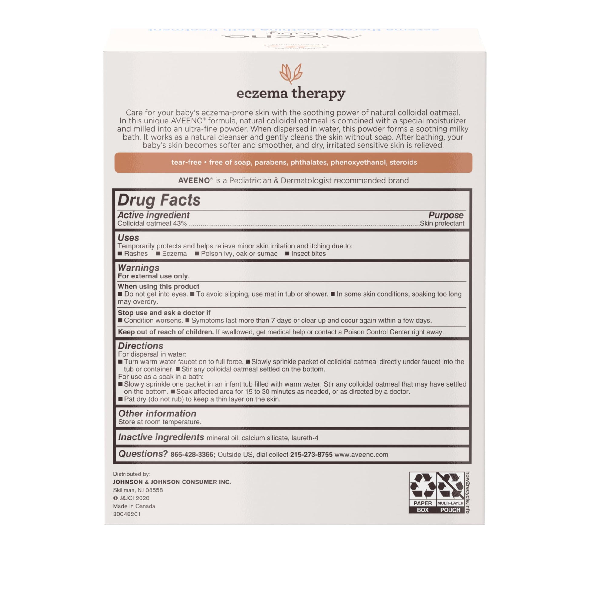 Aveeno Baby Eczema Therapy Soothing Bath Treatment for Relief of Dry, Itchy & Irritated Skin, Made with Natural Colloidal Oatmeal, Fragrance-, Paraben-, Steroid- & Tear-Free, 5 ct