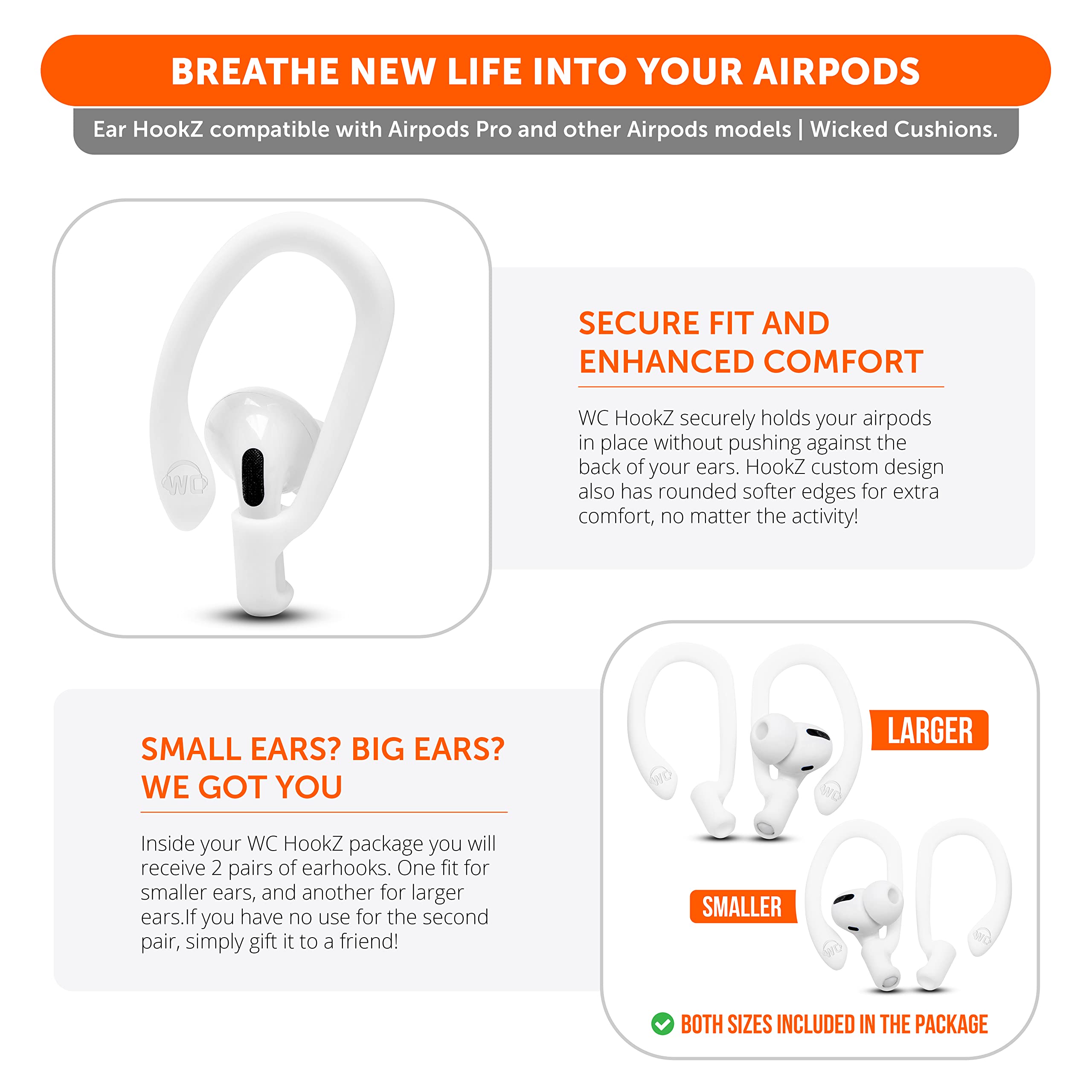 WC HookZ - Patented Upgraded Over Ear Hooks for AirPods Pro 1, 2 & AirPods 1, 2 & 3- Two Size Pairs Included in Package, Unique Left & Right Hook, Made by Wicked Cushions | Winter White