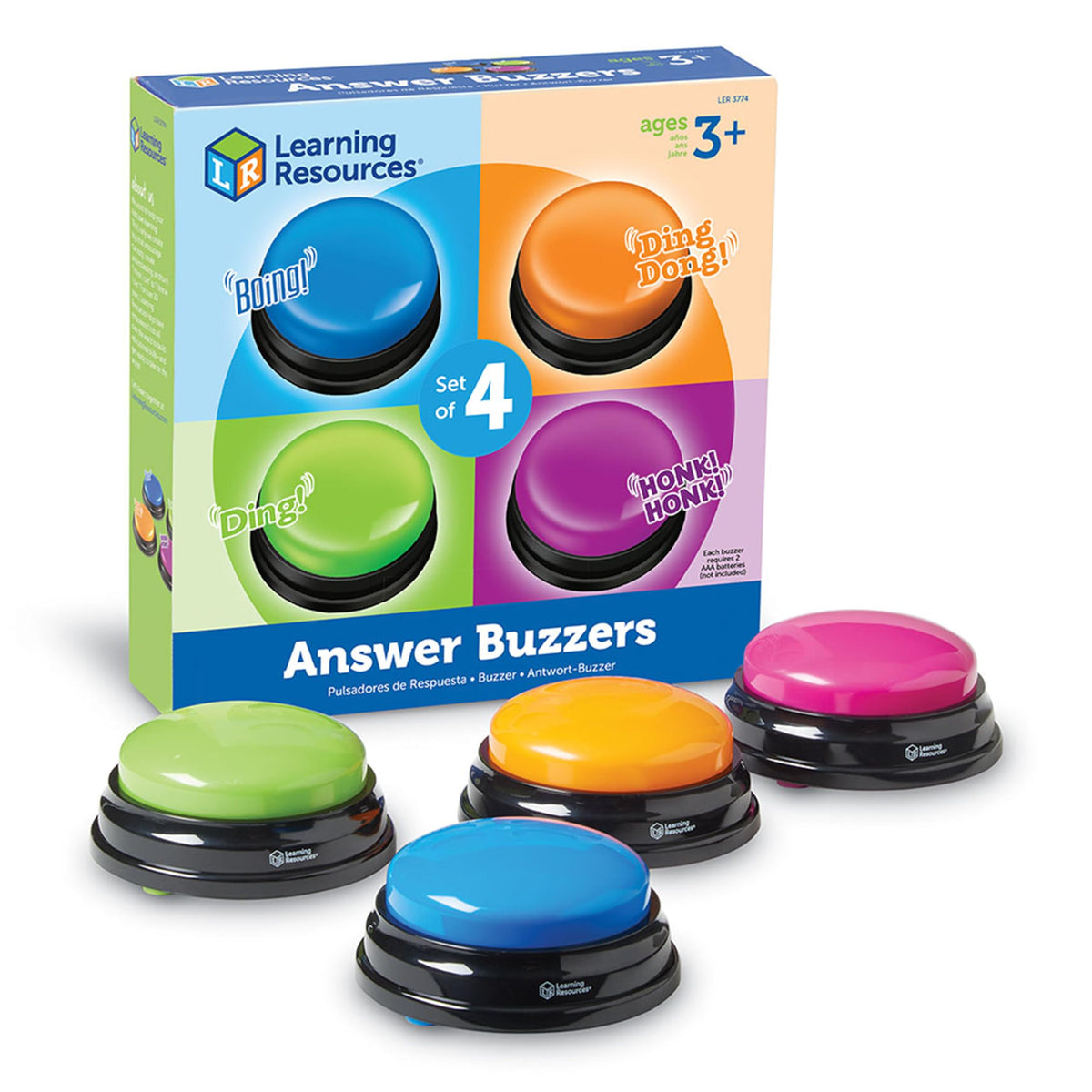 Learning Resources Answer Buzzers - Set of 4, Ages 3+, Assorted Colored Buzzers, Game Show Buzzers, Perfect for Family Game and Trivia Nights, for Kids