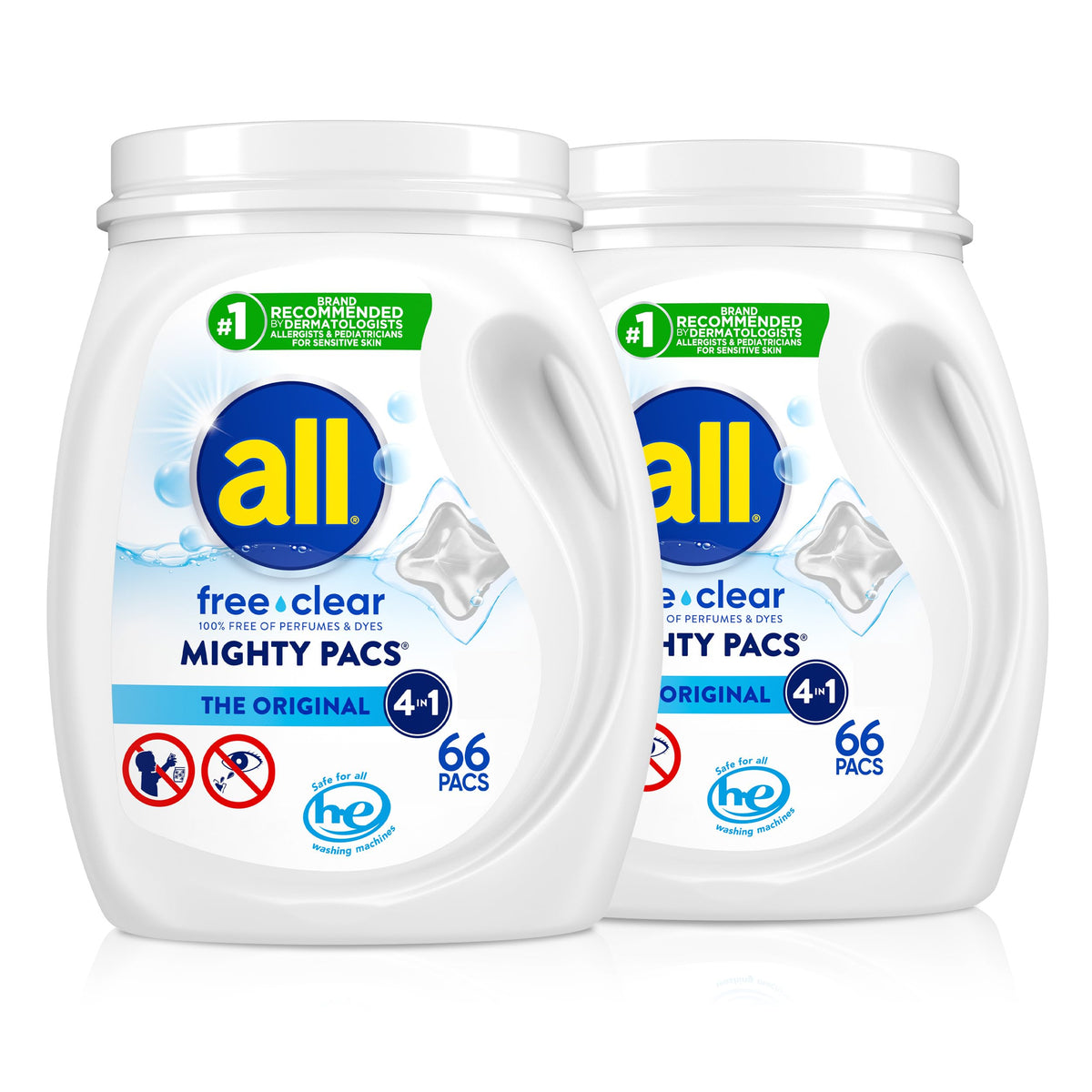 عبوة مساحيق الغسيل MIGHTY PACS من all free clear، أصلية، للبشرة الحساسة، غير معطرة ومضادة للحساسية، 66 قطعة (عبوة من 2)