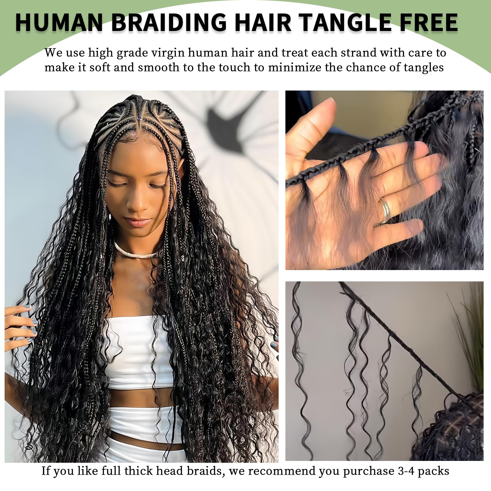 Human Braiding Hair for Boho Braids 120g 20 Inch 12A Deep Water Wave Bulk Human Hair Knotless Boho Braiding Curly 100% Virgin No Weft Extensions Bohemian Braids 3 Bundles/Pack Natural Color
