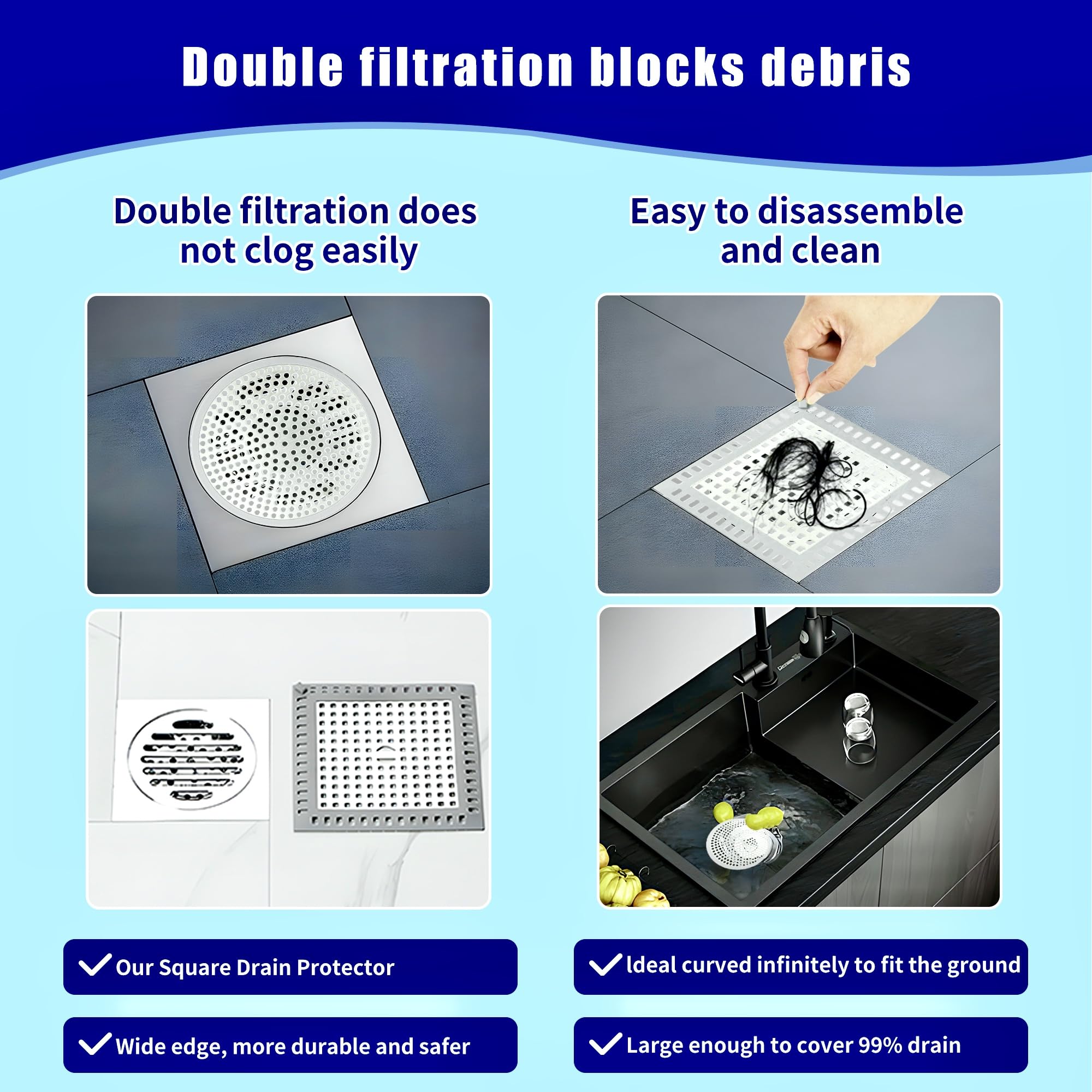 Cynn Select Shower Drain Hair Catcher,2PCS,4.72'',Flat Drain Hair Catcher,Shower Drain Cover/Filter, Bathroom/Kitchen Sink Drain Strainer,Stainless Steel and TPE