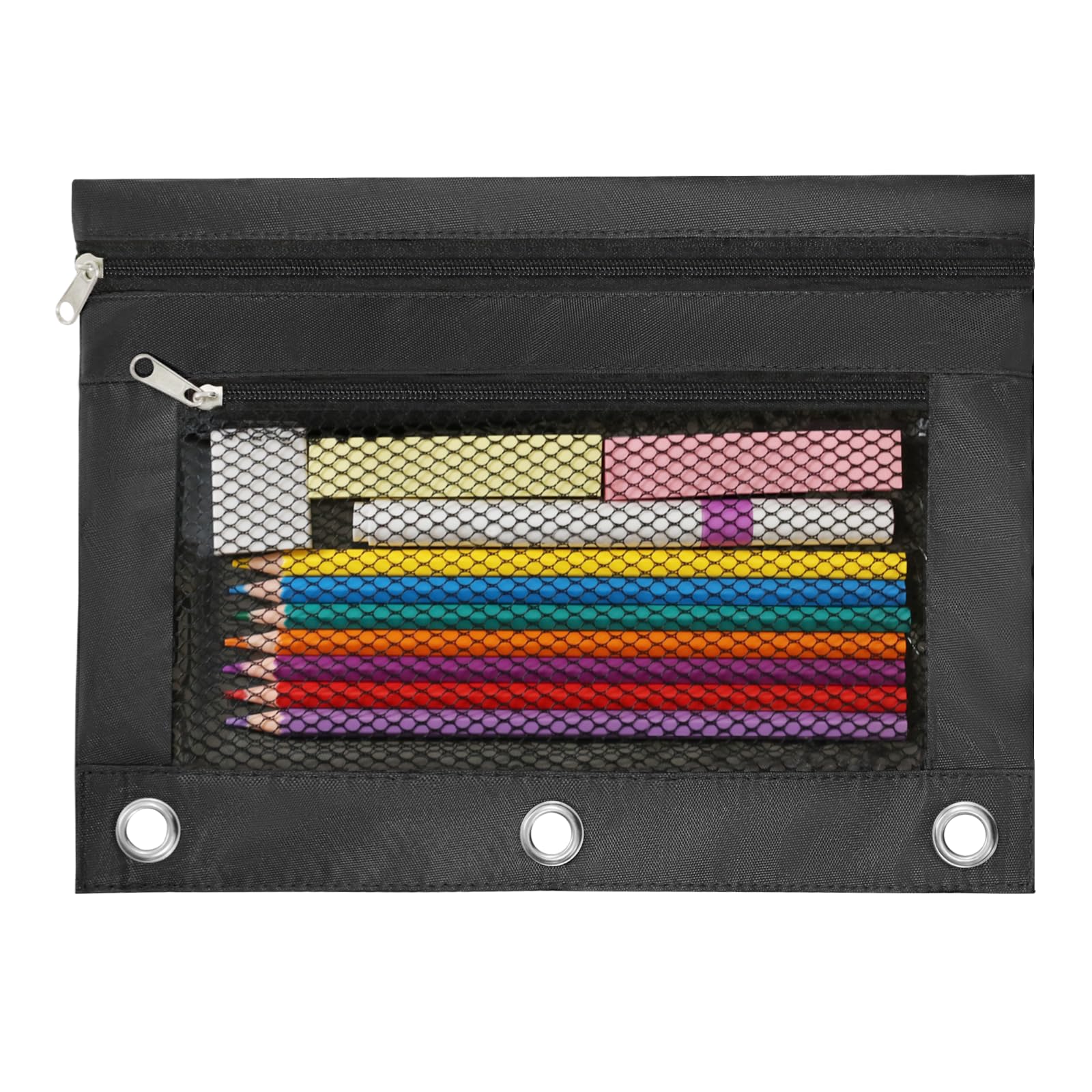 INNOIO 3 Ring Binder Pencil Pouch - School Pencil Case with 2 Zippered Pockets, Clear Mesh Window Pencil Bag, B5 Size, Back to School Gifts (Black)