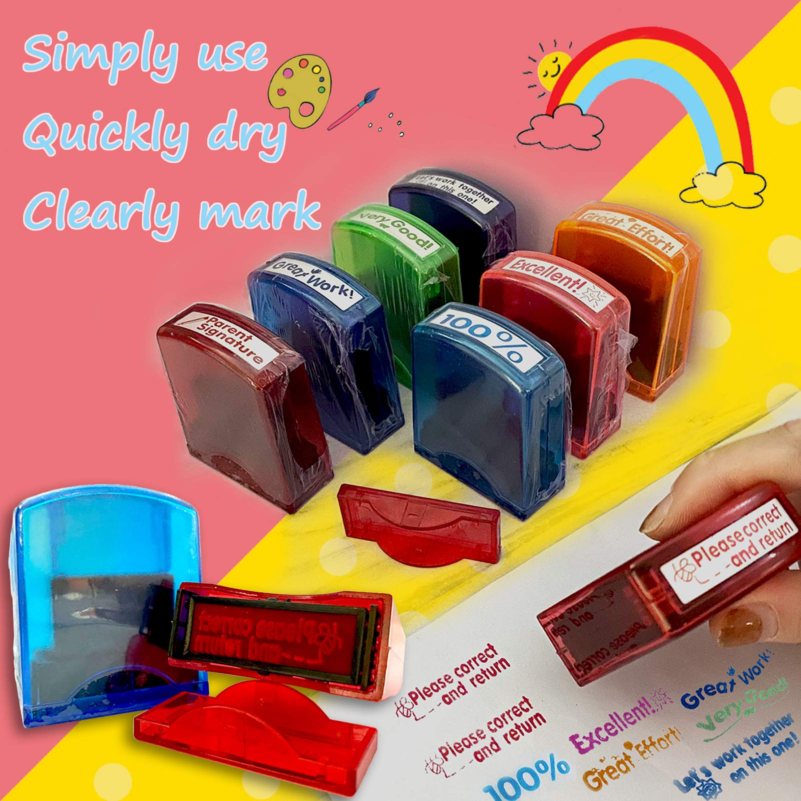 Bertiveny Teacher Stamps for Grading Classroom,Parent Signature Teacher Self-Inking Stamp Set for Homework Teacher Supplies with 8 pcs